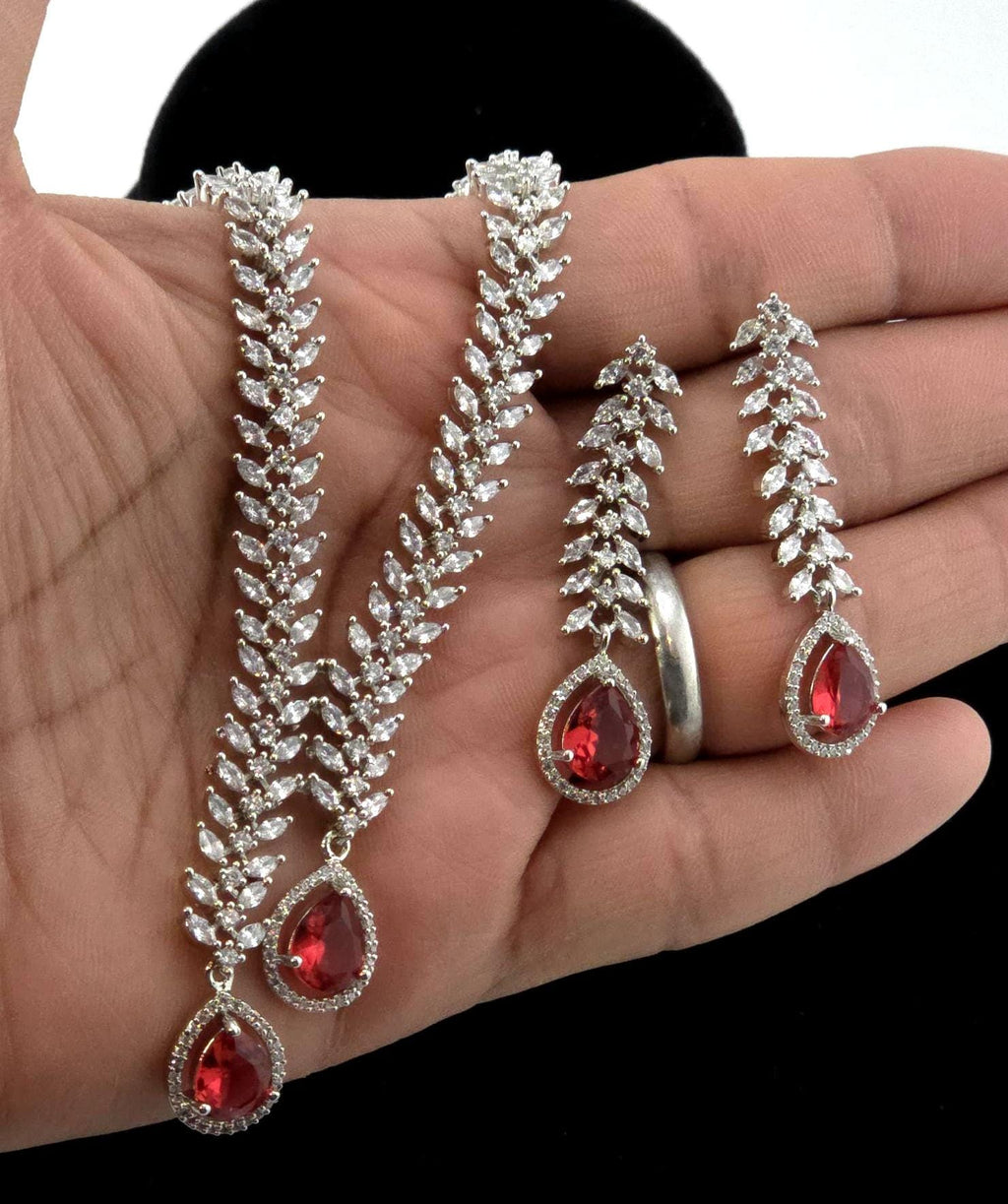 CZ Teardrop Necklace Set Red Blue Indian Wedding Jewelry Diya