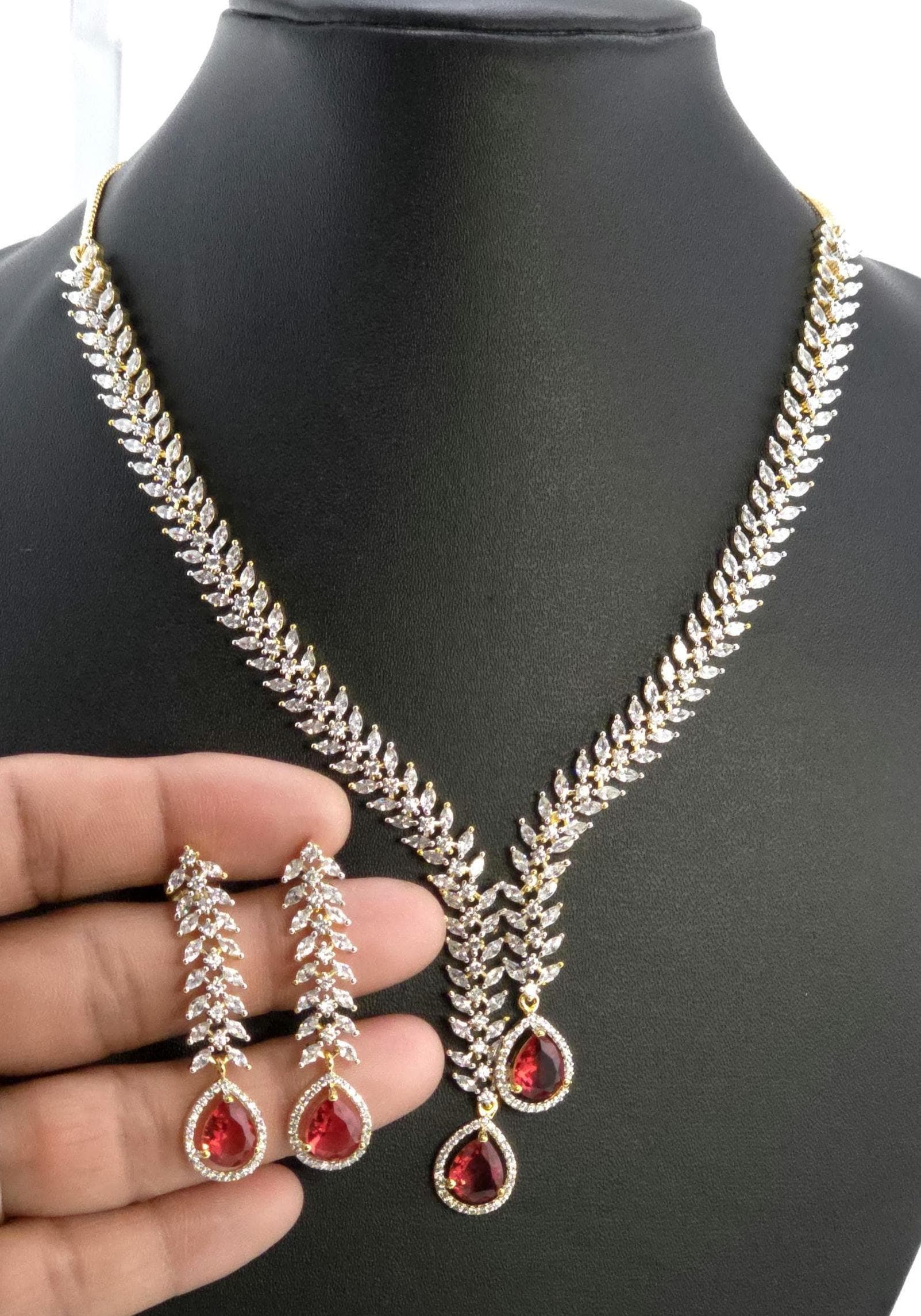 CZ Teardrop Necklace Set Red Blue Indian Wedding Jewelry Diya