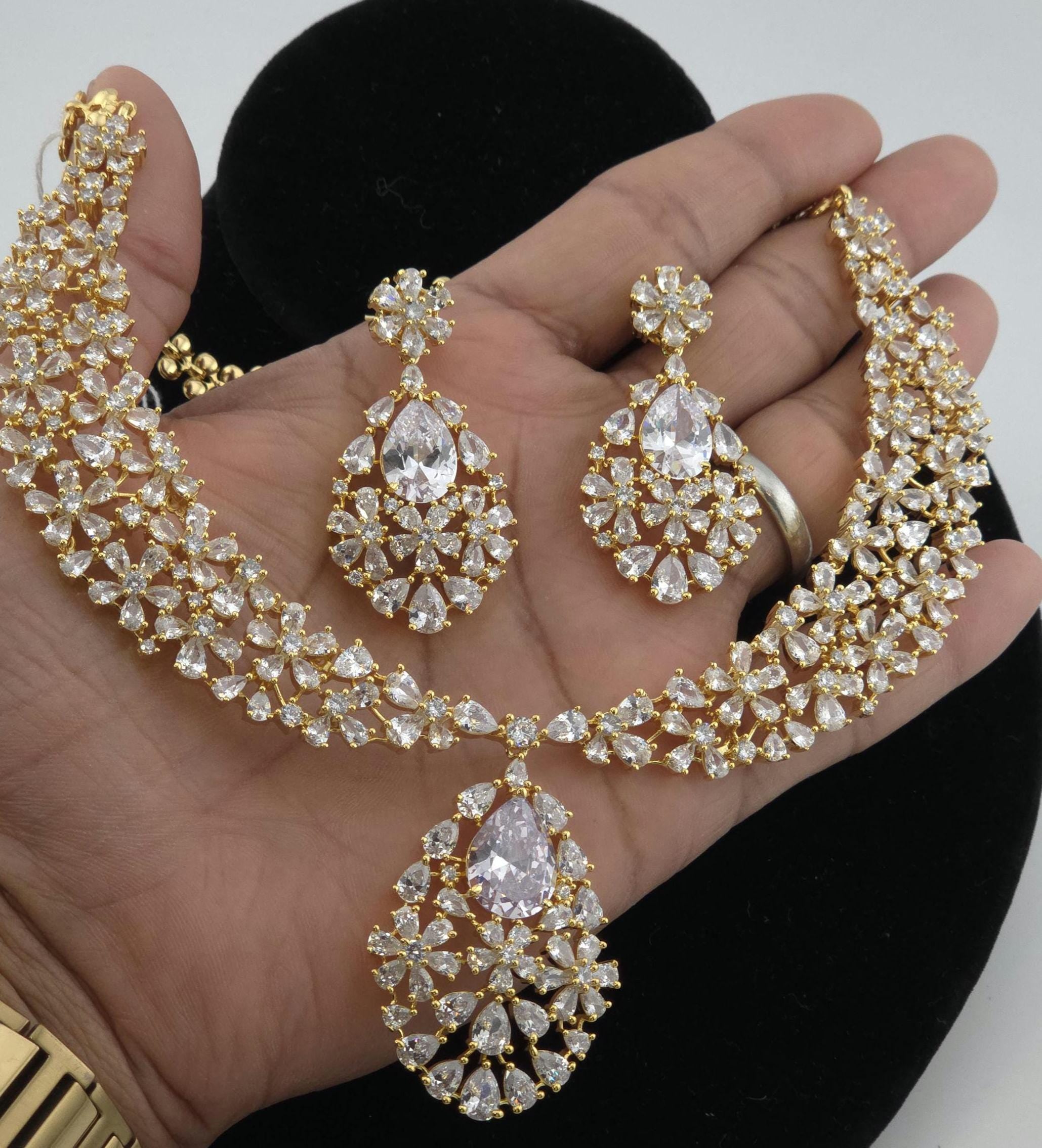 Royal Cluster CZ Teardrop Necklace Set Indian Bridal Jewelry Noor
