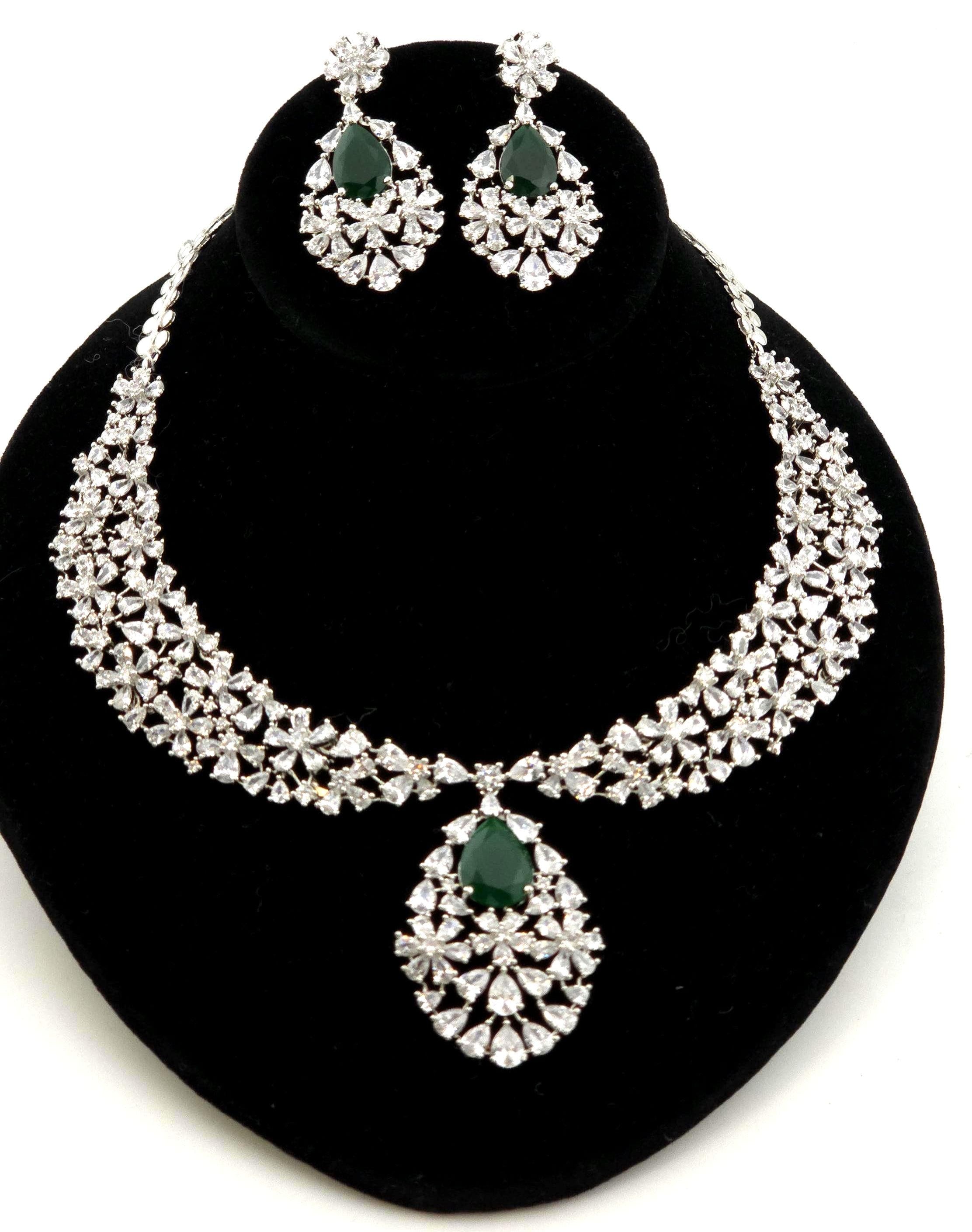 Royal Cluster CZ Teardrop Necklace Set Indian Bridal Jewelry Noor