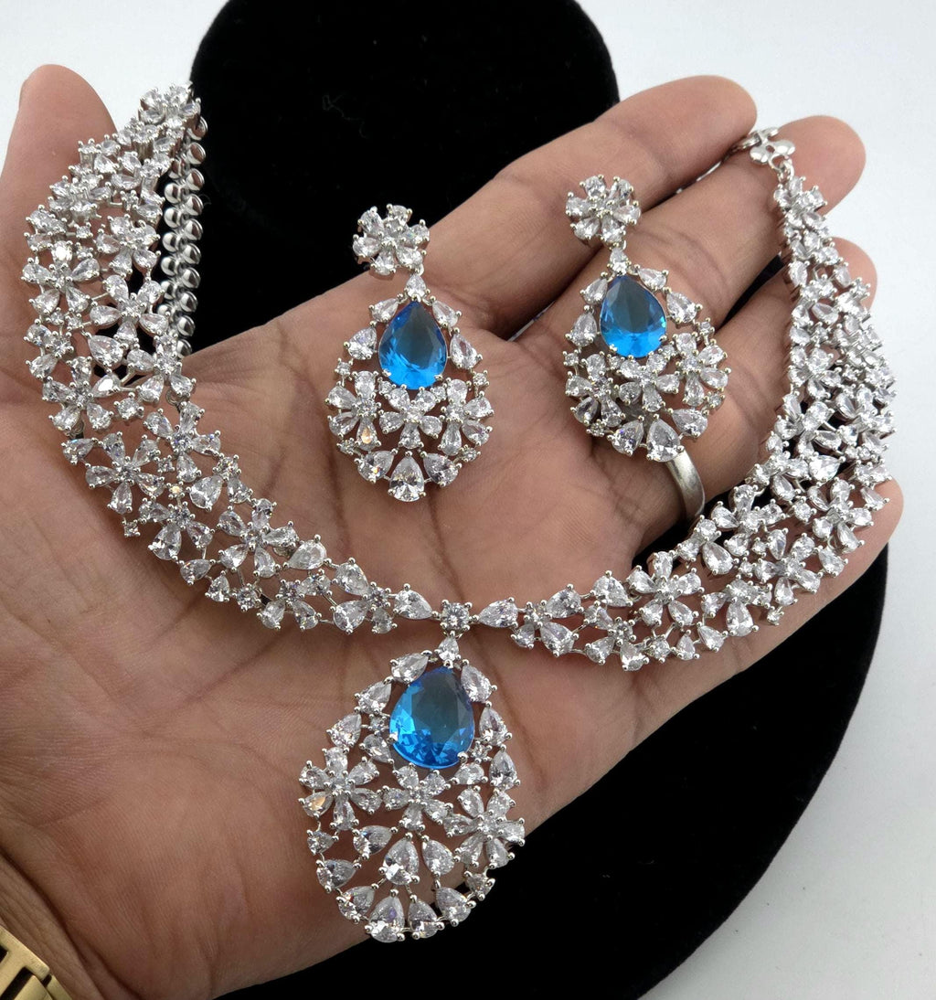 Royal Cluster CZ Teardrop Necklace Set Indian Bridal Jewelry Noor
