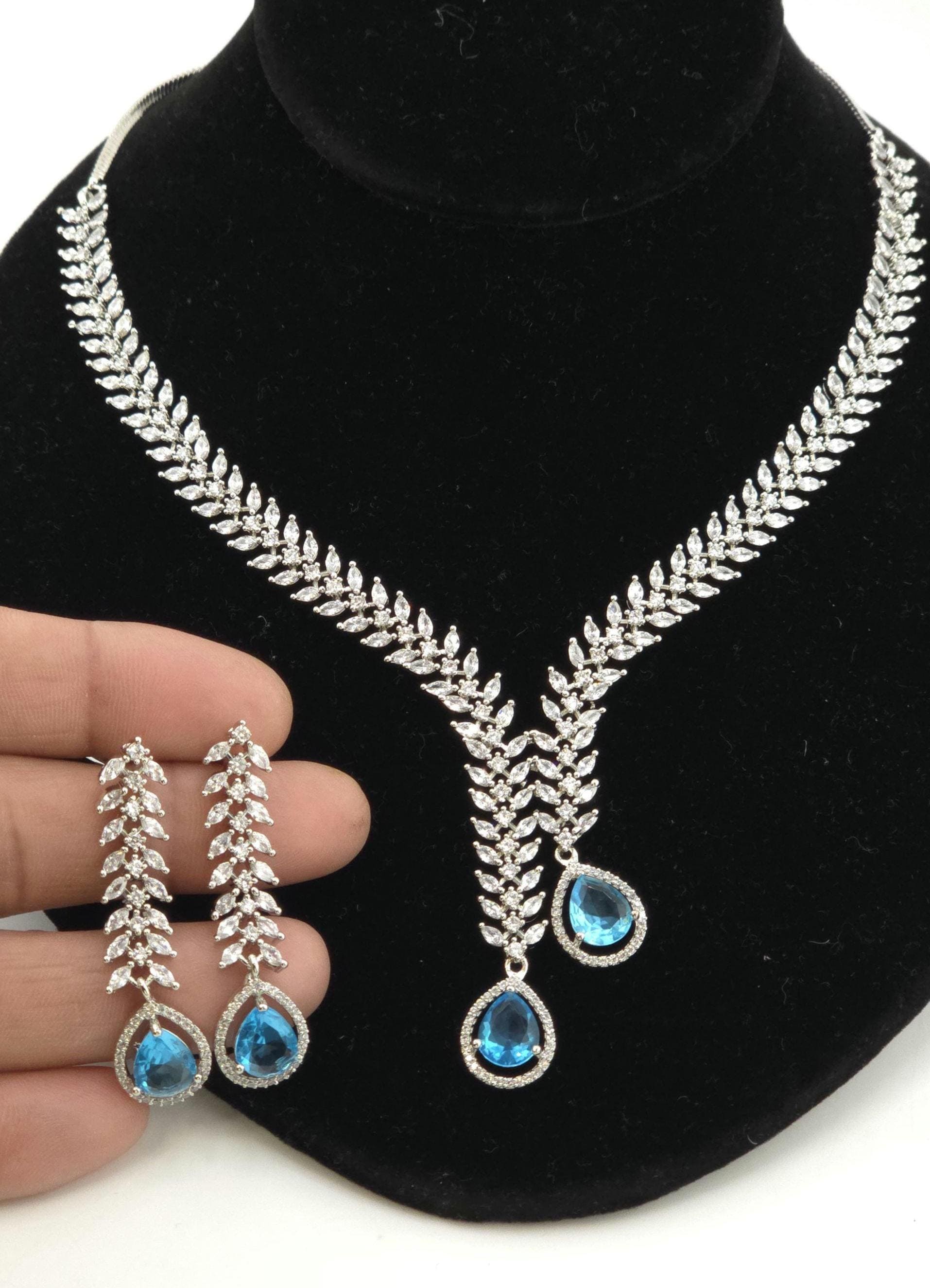 CZ Teardrop Necklace Set Red Blue Indian Wedding Jewelry Diya