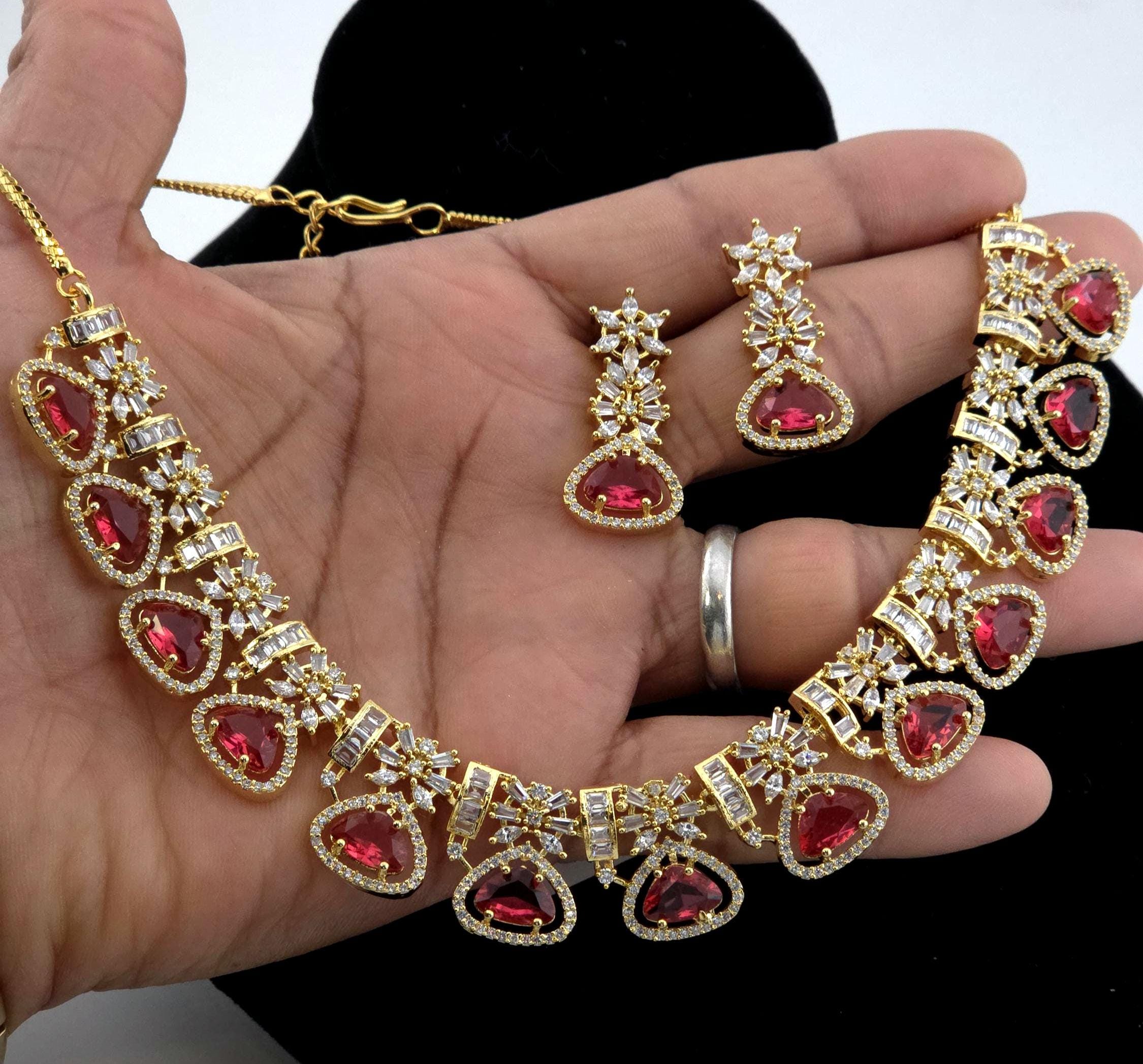 CZ Teardrop Necklace Set Multicolor Indian Bridal Jewelry Gulnar