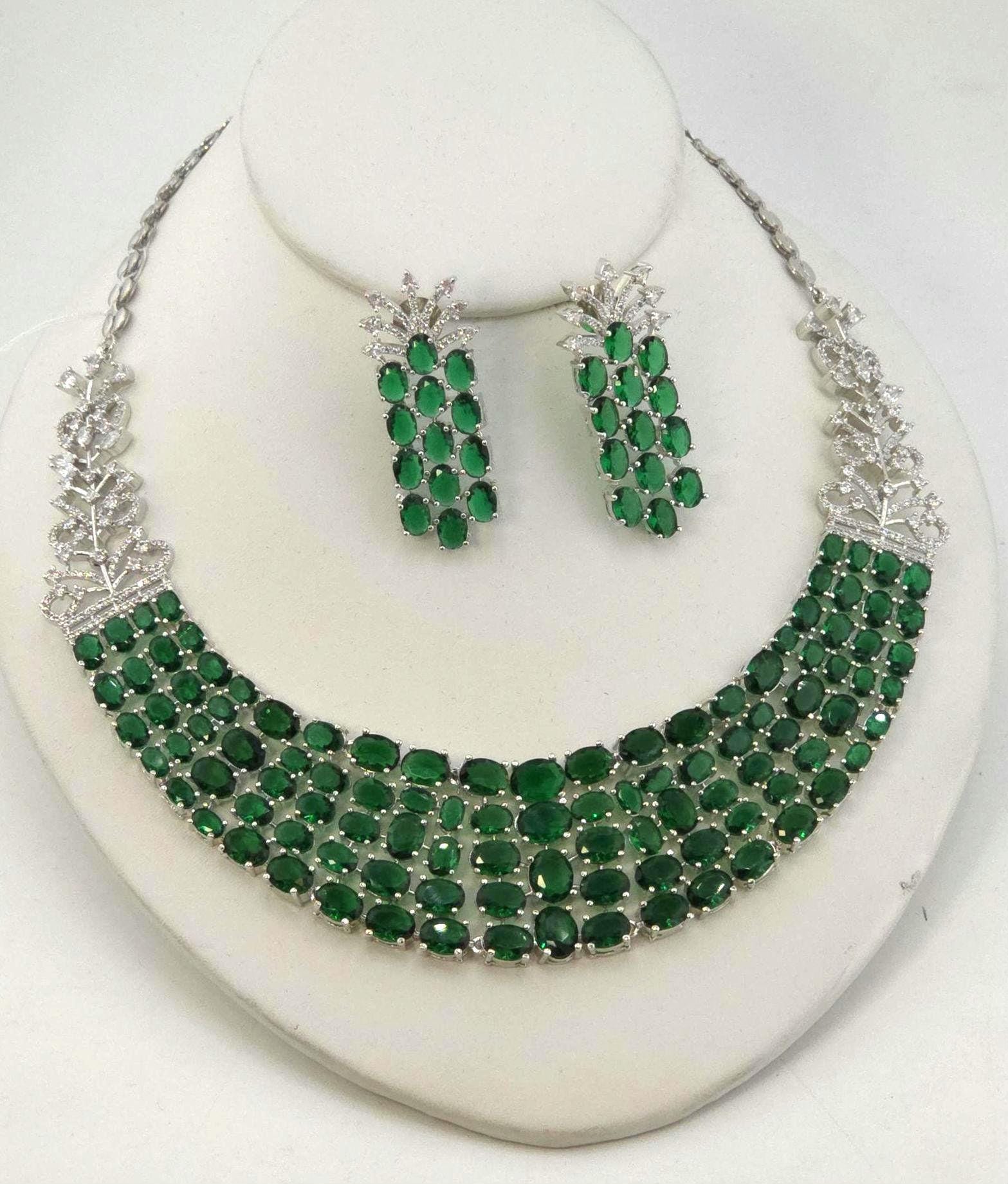 Emerald Green Multi-Row Collar Choker Necklace Set Bridal CZ Jewelry Anaya