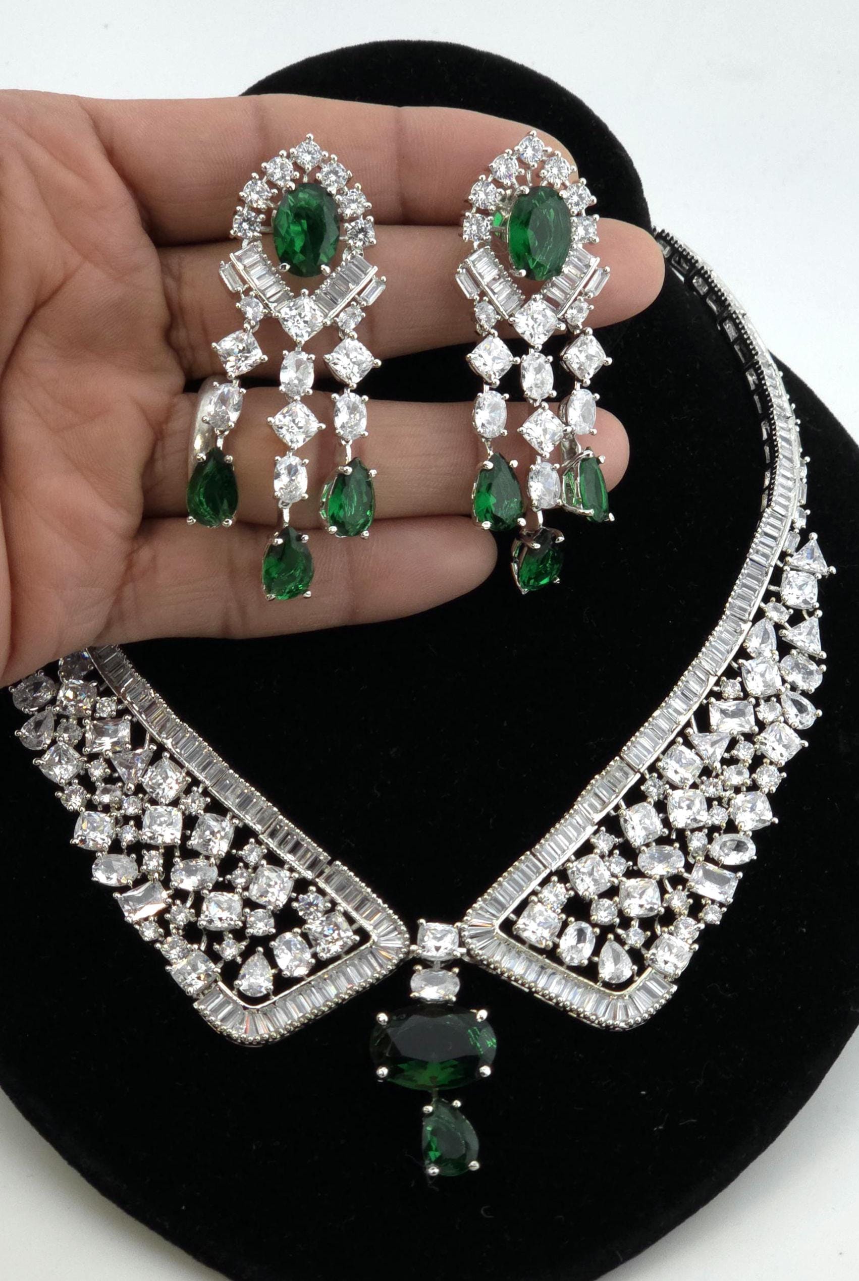 Emerald Green CZ Collar Necklace Set Bridal Evening Jewelry Rania