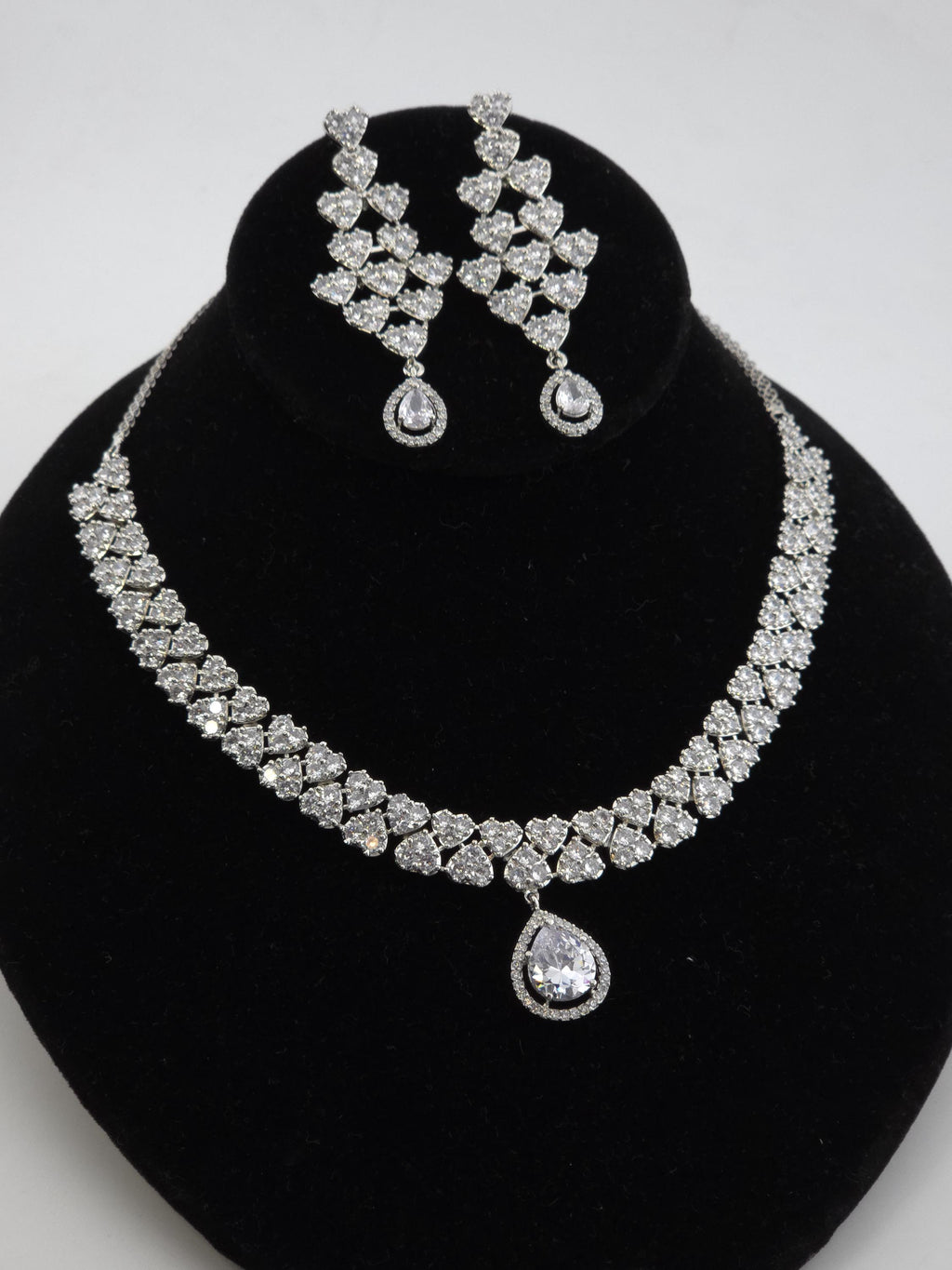 Heart CZ Bridal Necklace Set Silver Teardrop Pendant Jewelry Ishq