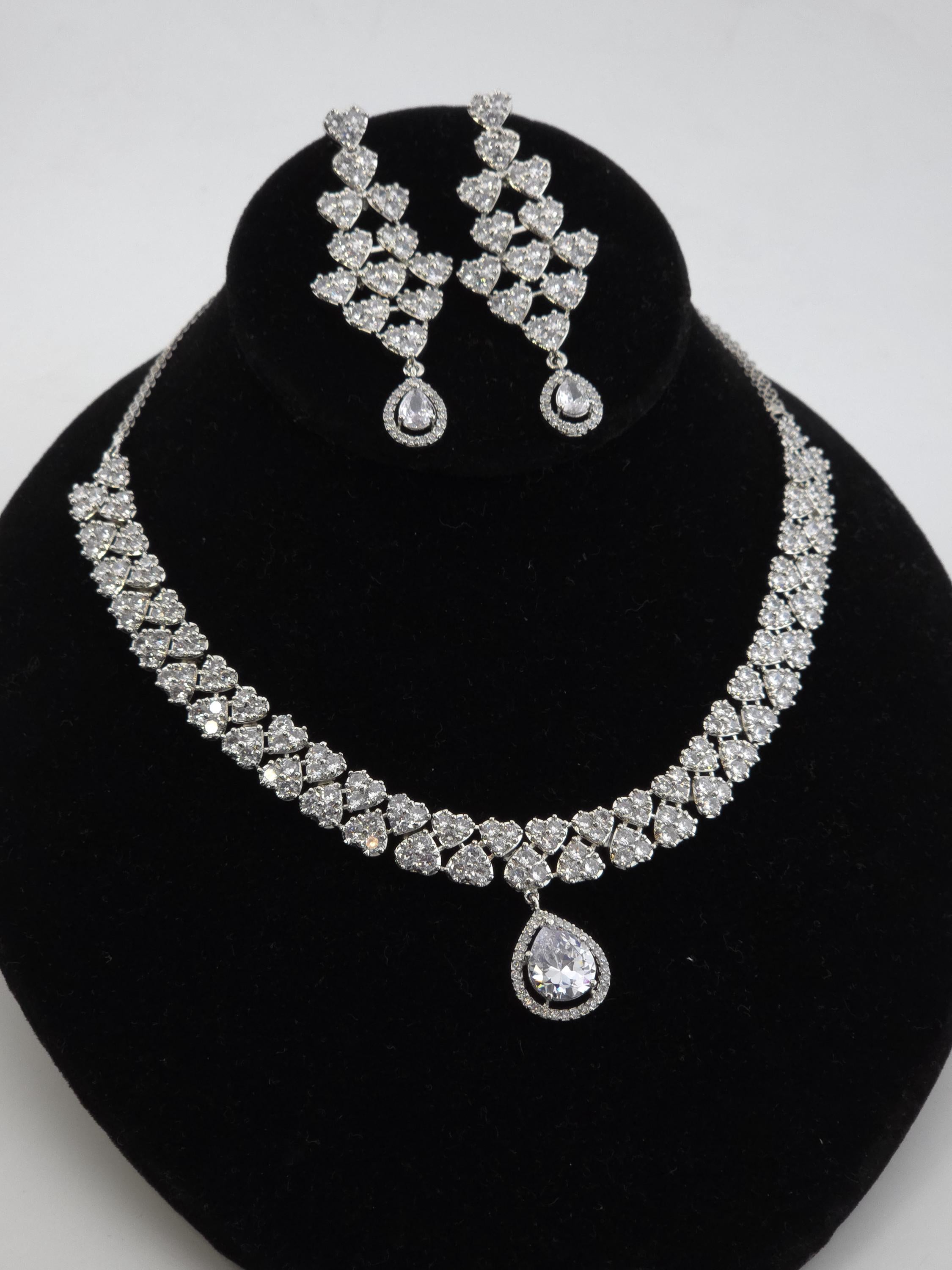 Heart CZ Bridal Necklace Set Silver Teardrop Pendant Jewelry Ishq