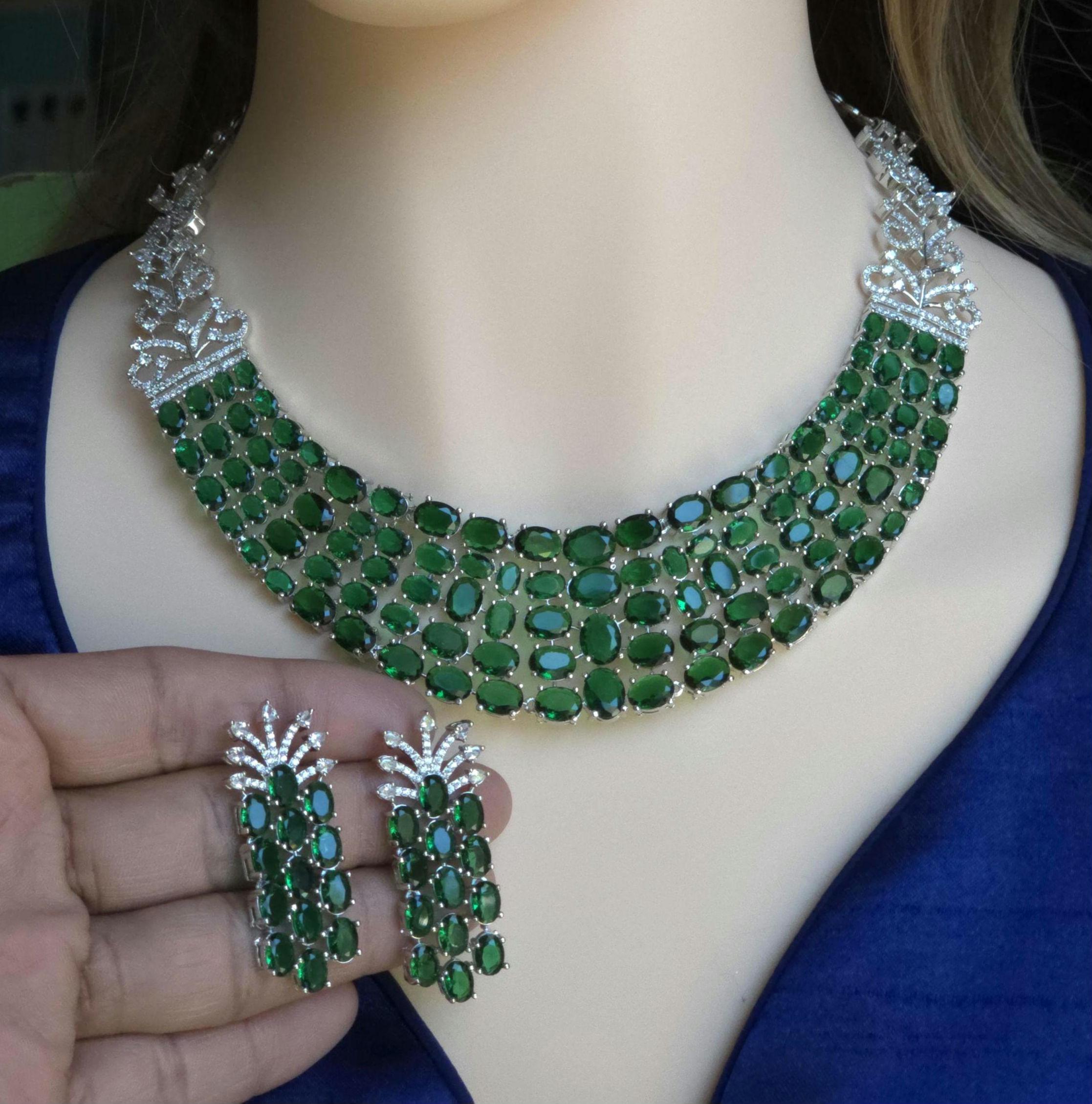 Emerald Green Multi-Row Collar Choker Necklace Set Bridal CZ Jewelry Anaya