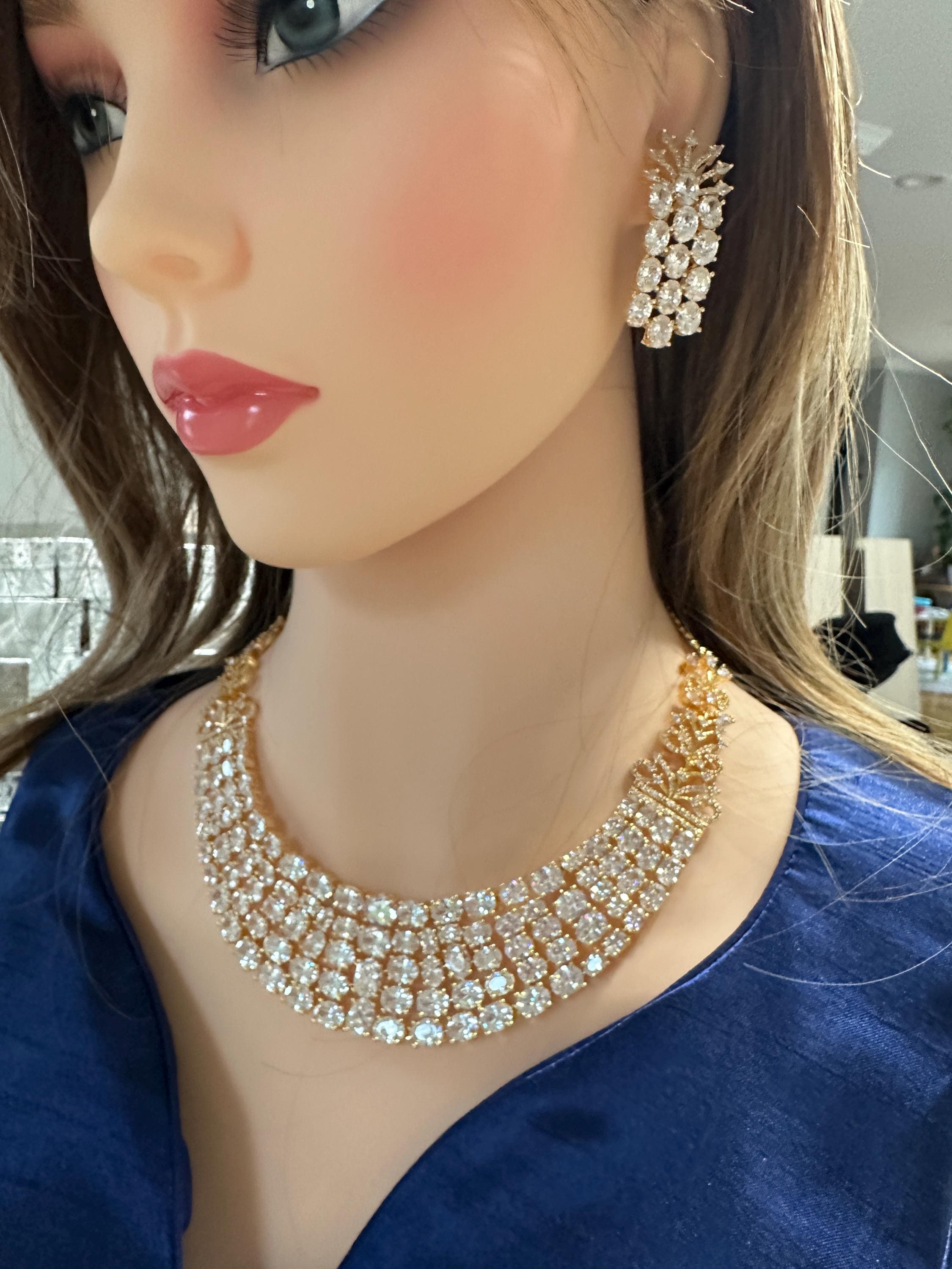 Emerald Green Multi-Row Collar Choker Necklace Set Bridal CZ Jewelry Anaya