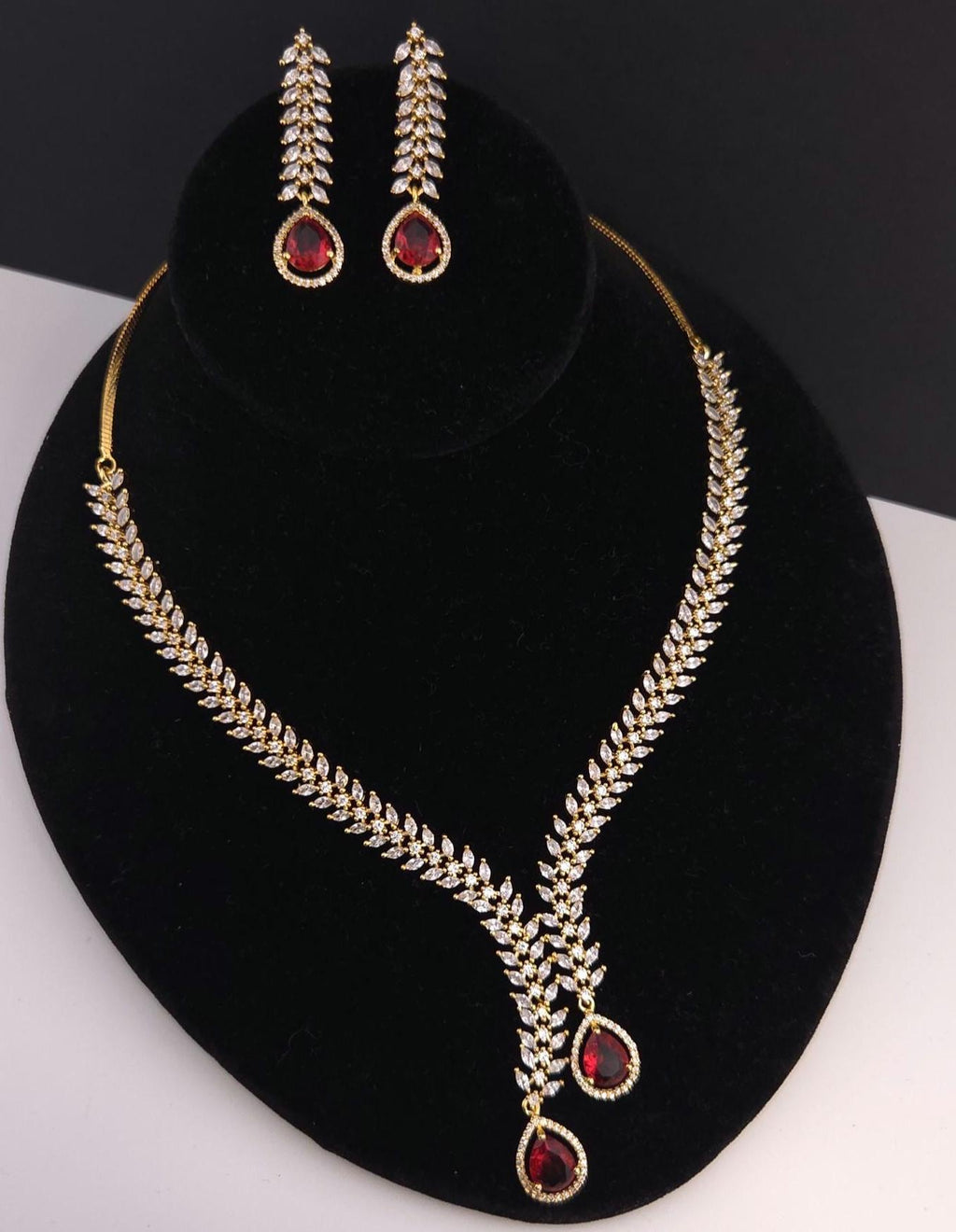 CZ Teardrop Necklace Set Red Blue Indian Wedding Jewelry Diya