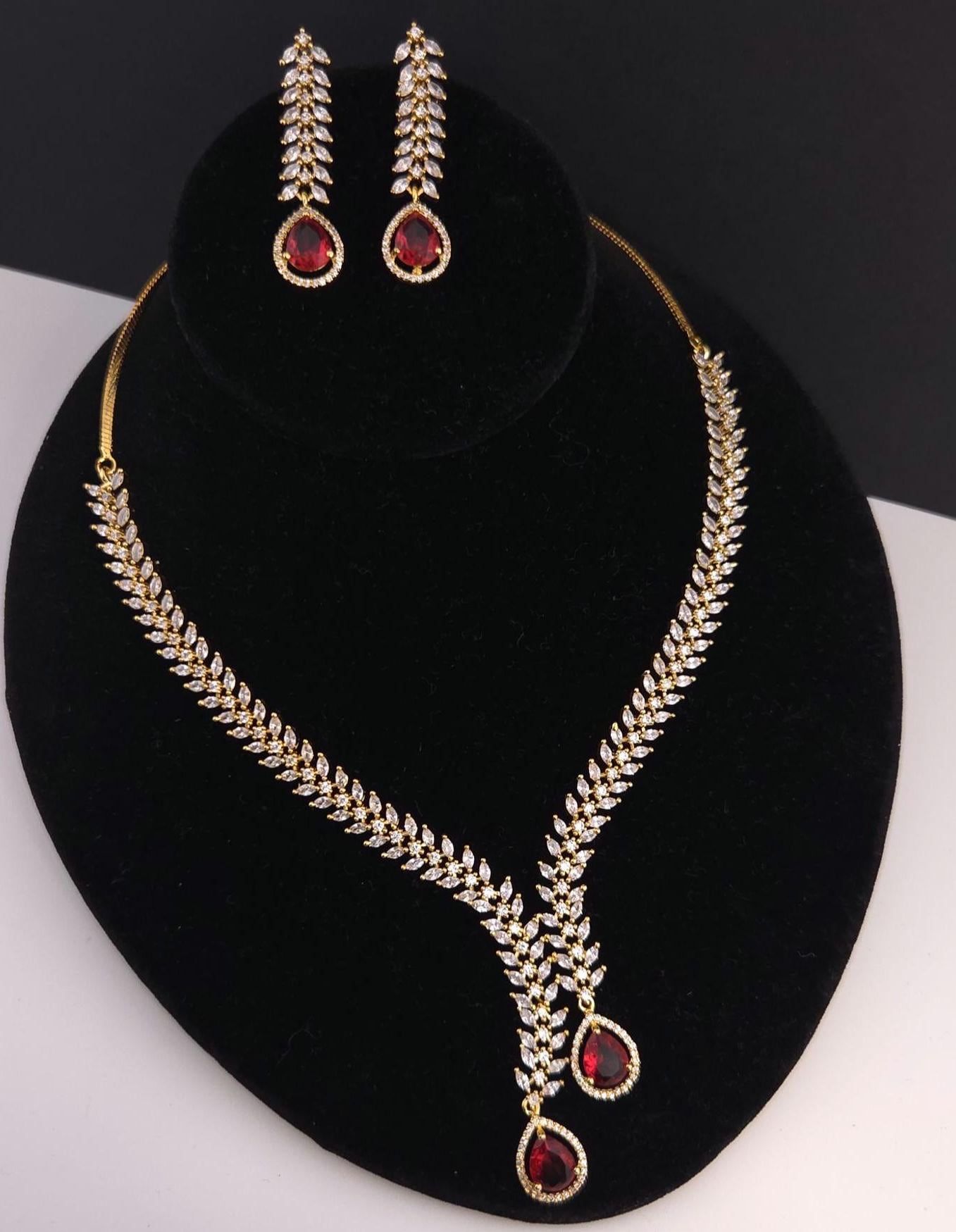 CZ Teardrop Necklace Set Red Blue Indian Wedding Jewelry Diya