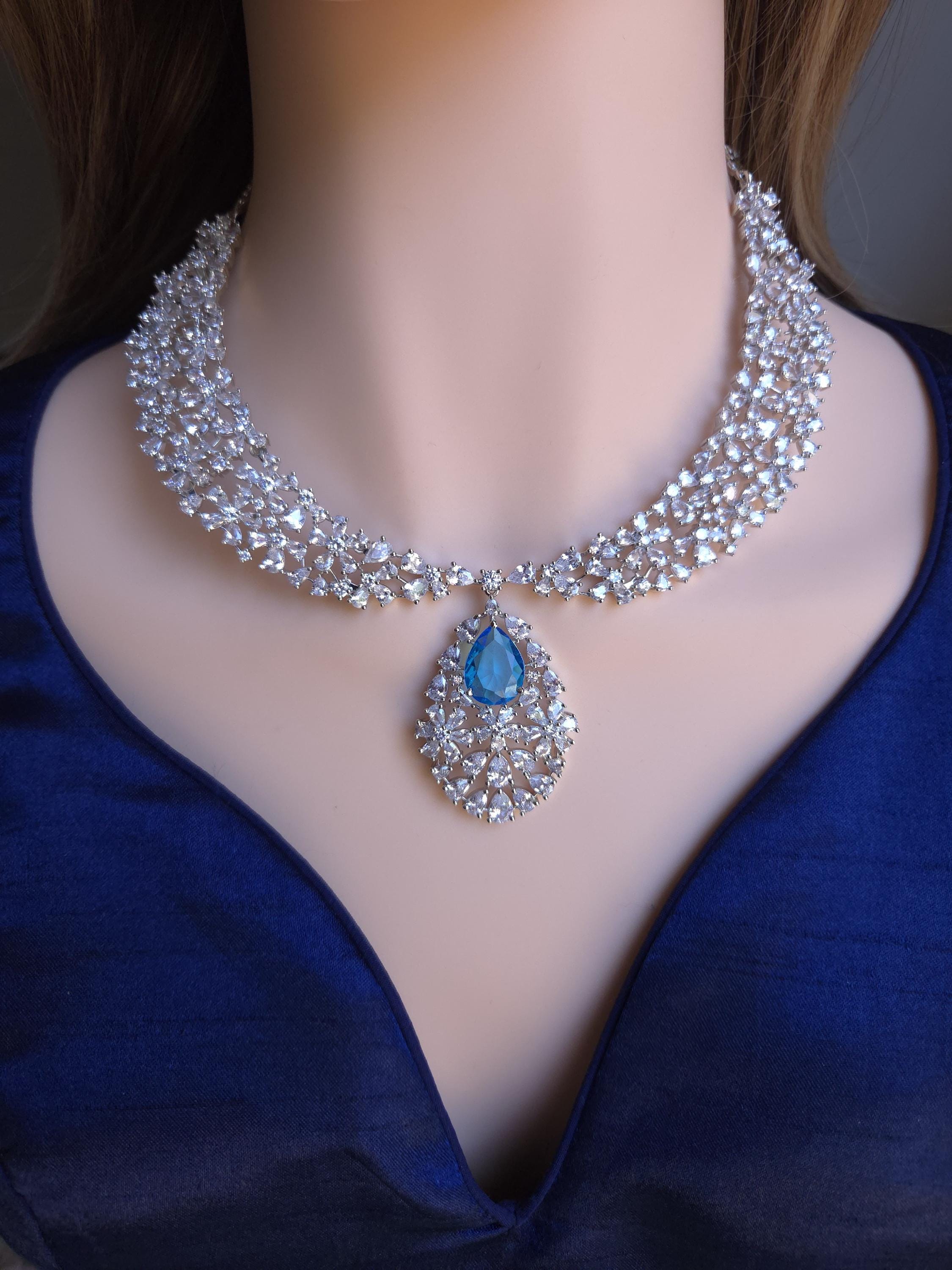 Royal Cluster CZ Teardrop Necklace Set Indian Bridal Jewelry Noor
