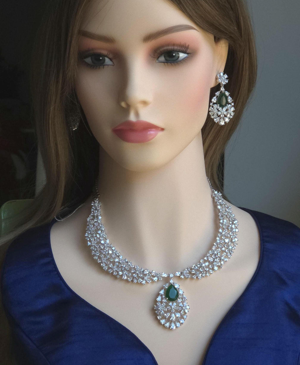 Royal Cluster CZ Teardrop Necklace Set Indian Bridal Jewelry Noor