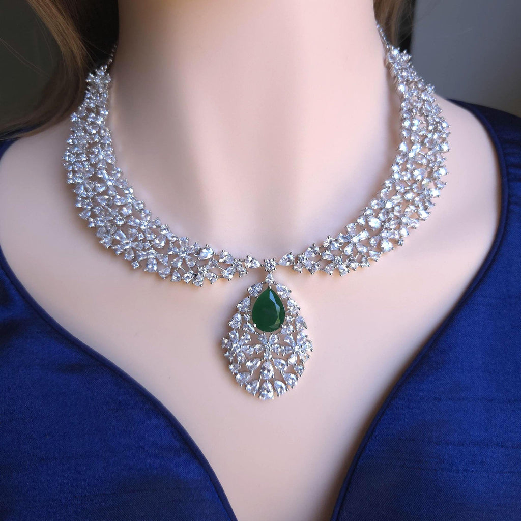 Royal Cluster CZ Teardrop Necklace Set Indian Bridal Jewelry Noor