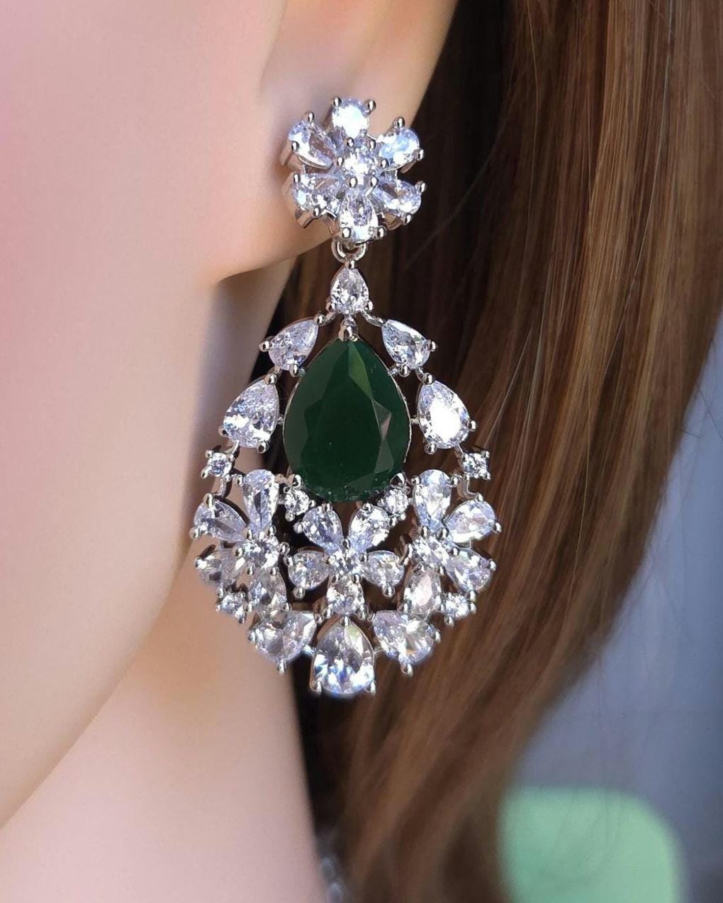 Royal Cluster CZ Teardrop Necklace Set Indian Bridal Jewelry Noor