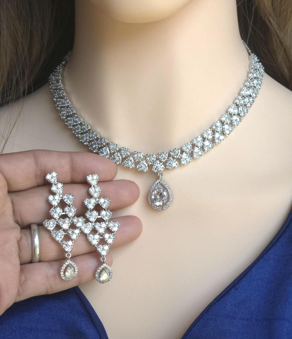 Heart CZ Bridal Necklace Set Silver Teardrop Pendant Jewelry Ishq