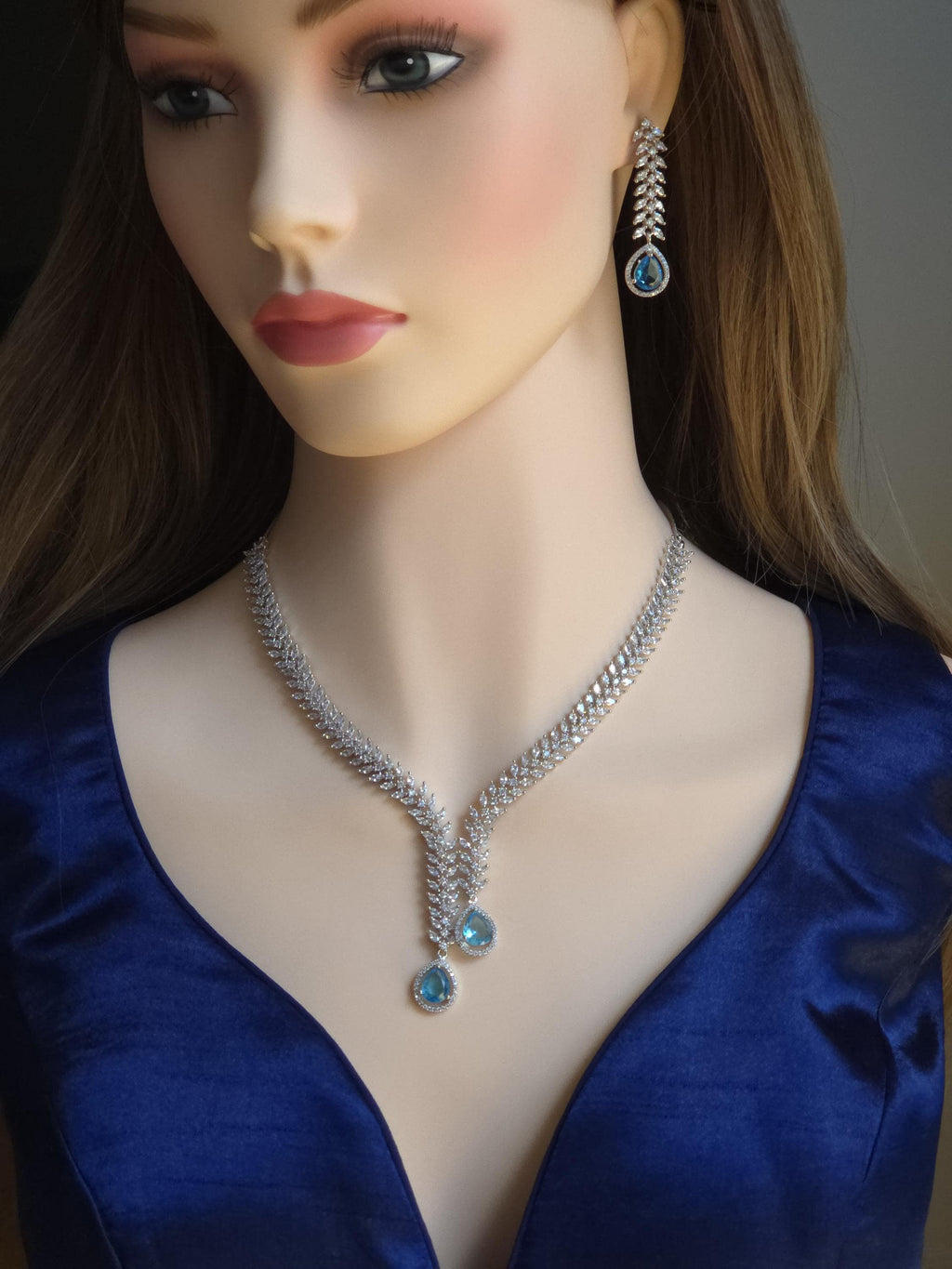 CZ Teardrop Necklace Set Red Blue Indian Wedding Jewelry Diya