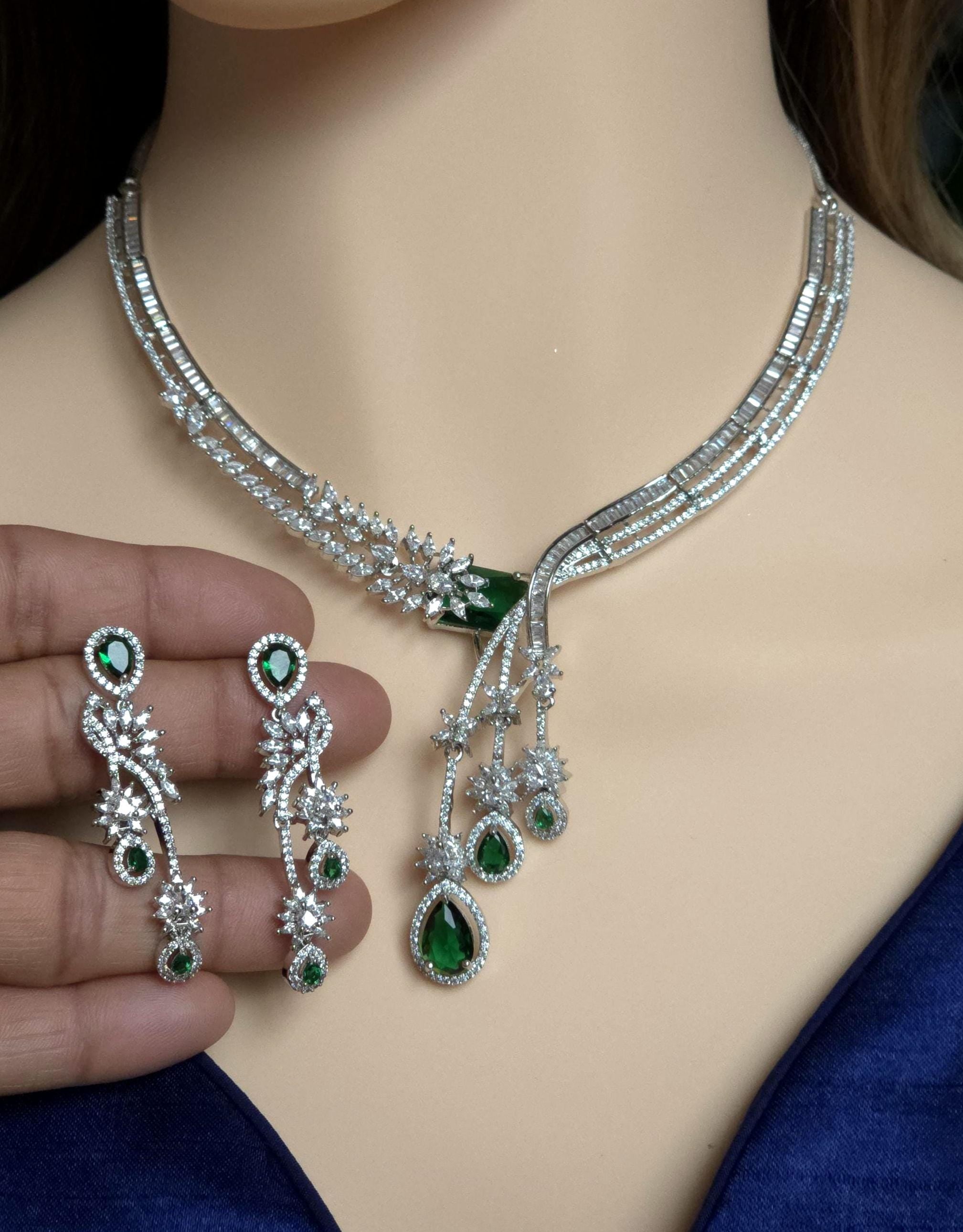 Silver CZ Lariat Necklace Set Red Green Blue Indian Wedding Jewelry Zeba