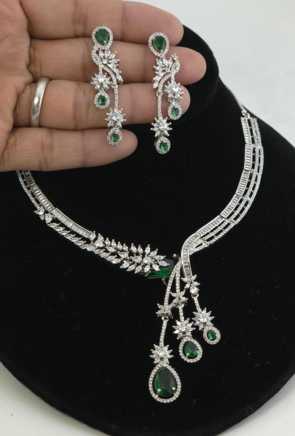 Silver CZ Lariat Necklace Set Red Green Blue Indian Wedding Jewelry Zeba
