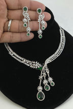 Silver CZ Lariat Necklace Set Red Green Blue Indian Wedding Jewelry Zeba