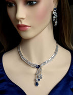 Silver CZ Lariat Necklace Set Red Green Blue Indian Wedding Jewelry Zeba