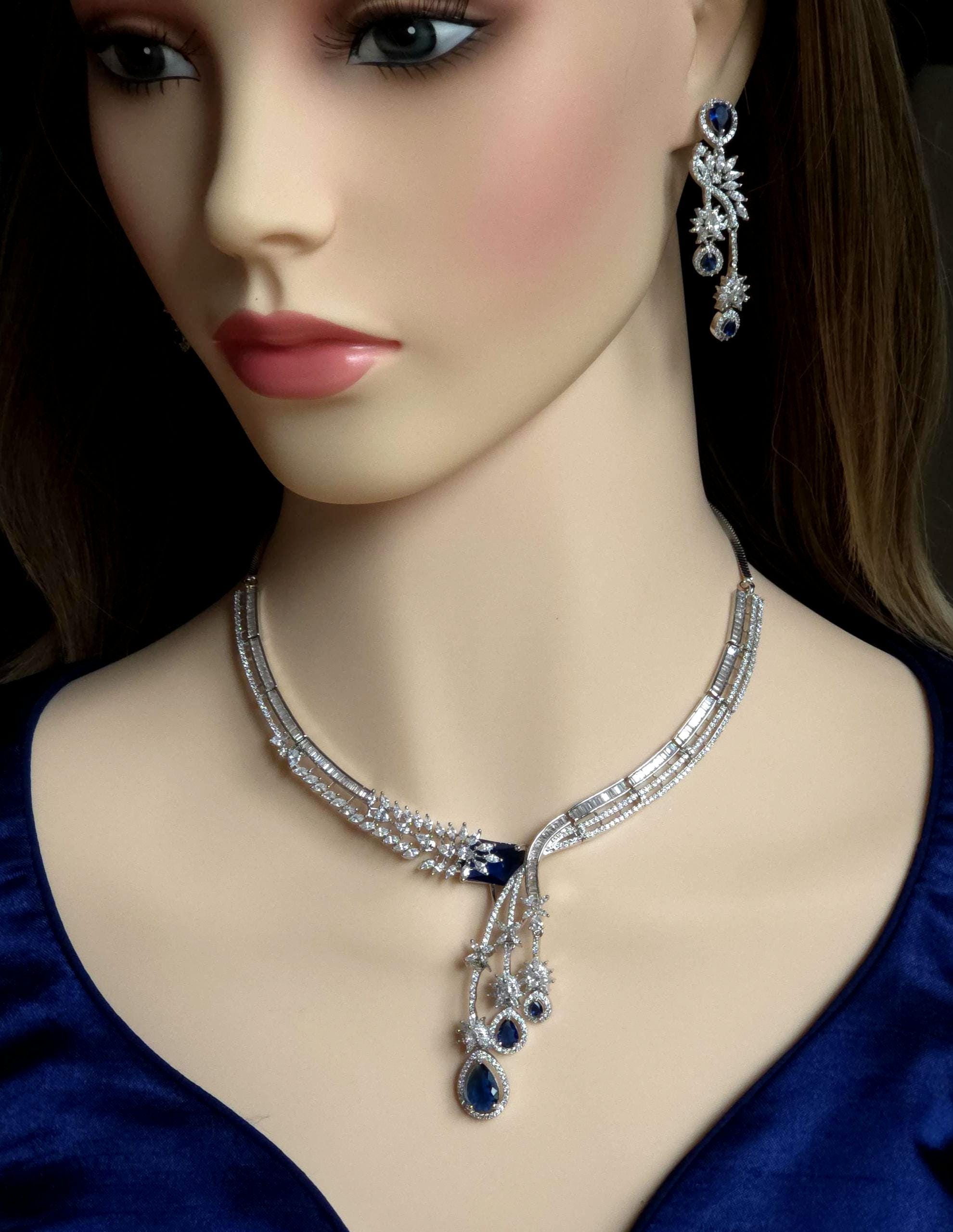 Silver CZ Lariat Necklace Set Red Green Blue Indian Wedding Jewelry Zeba