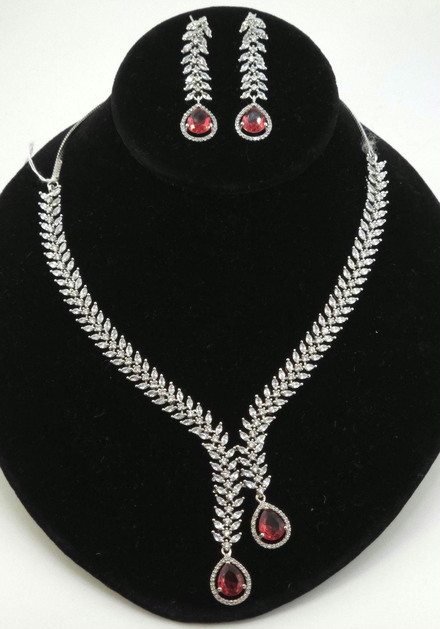 CZ Teardrop Necklace Set Red Blue Indian Wedding Jewelry Diya