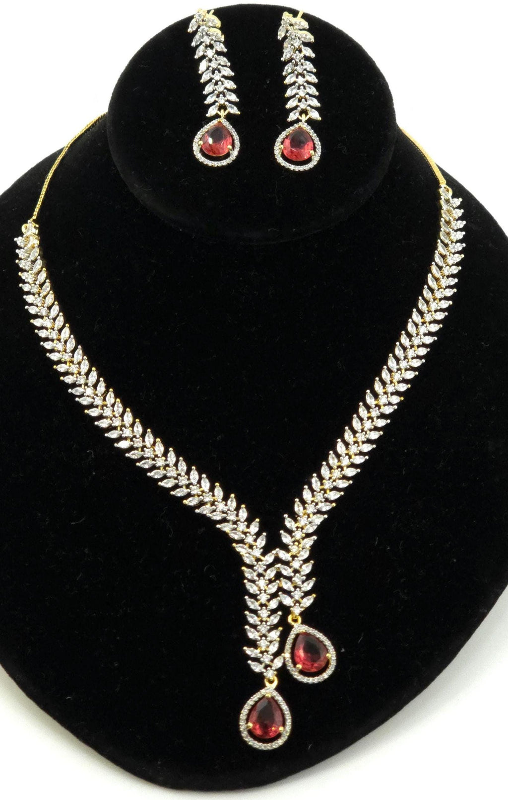 CZ Teardrop Necklace Set Red Blue Indian Wedding Jewelry Diya
