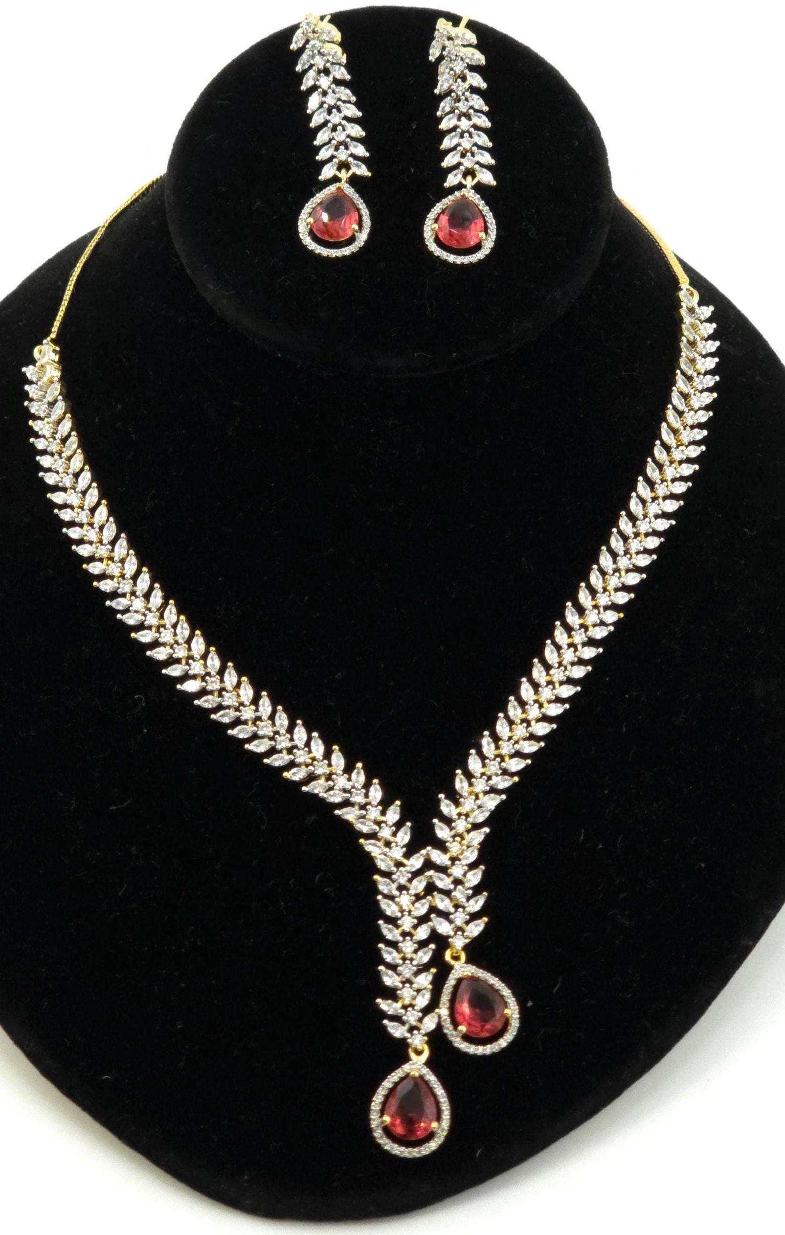 CZ Teardrop Necklace Set Red Blue Indian Wedding Jewelry Diya