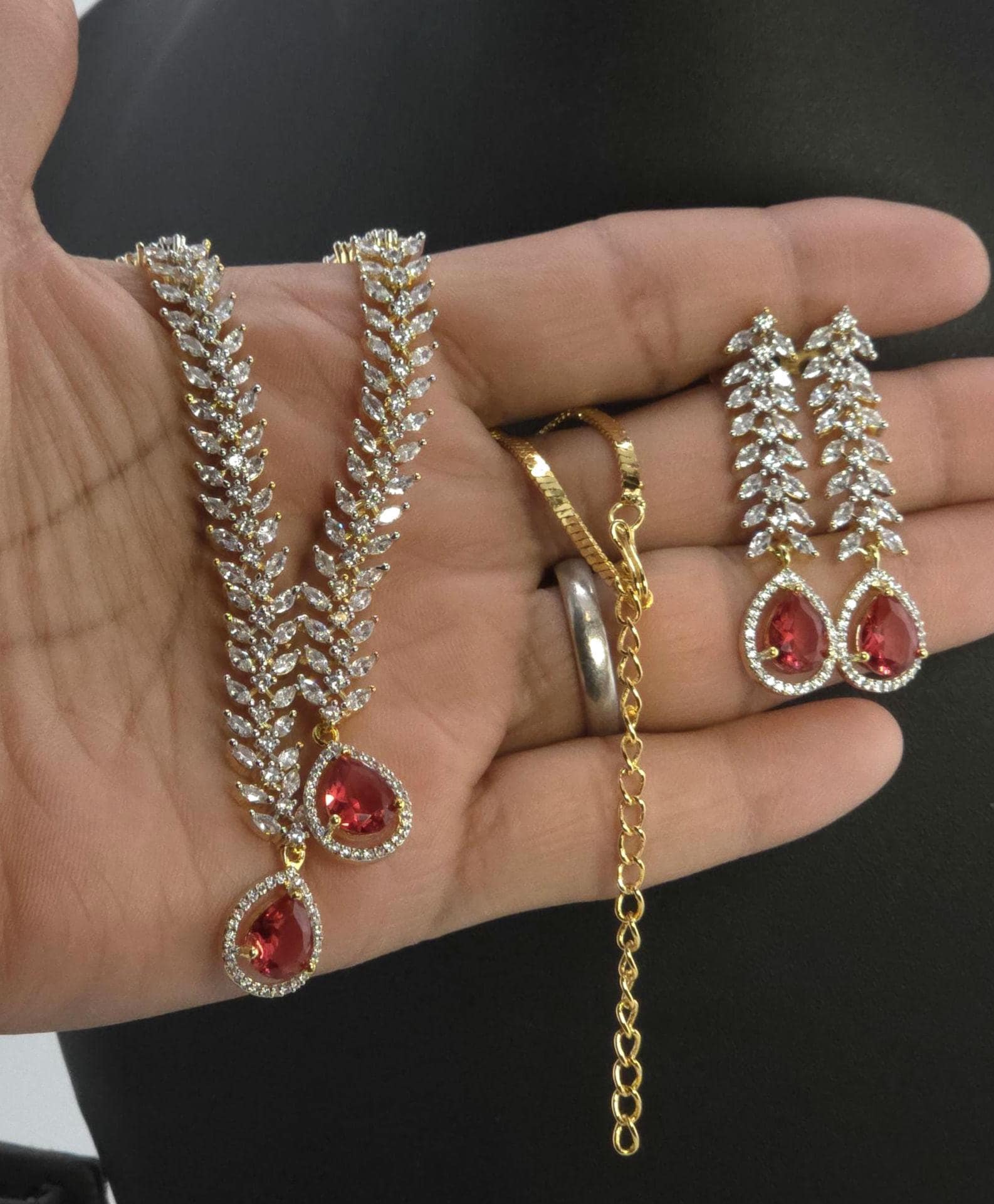 CZ Teardrop Necklace Set Red Blue Indian Wedding Jewelry Diya