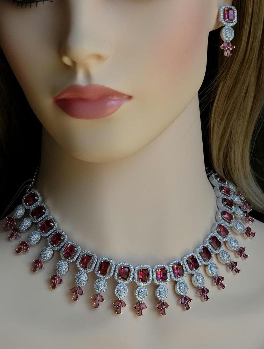 CZ Choker Necklace Set Pink Green Red Indian Bridal Jewelry Jiya