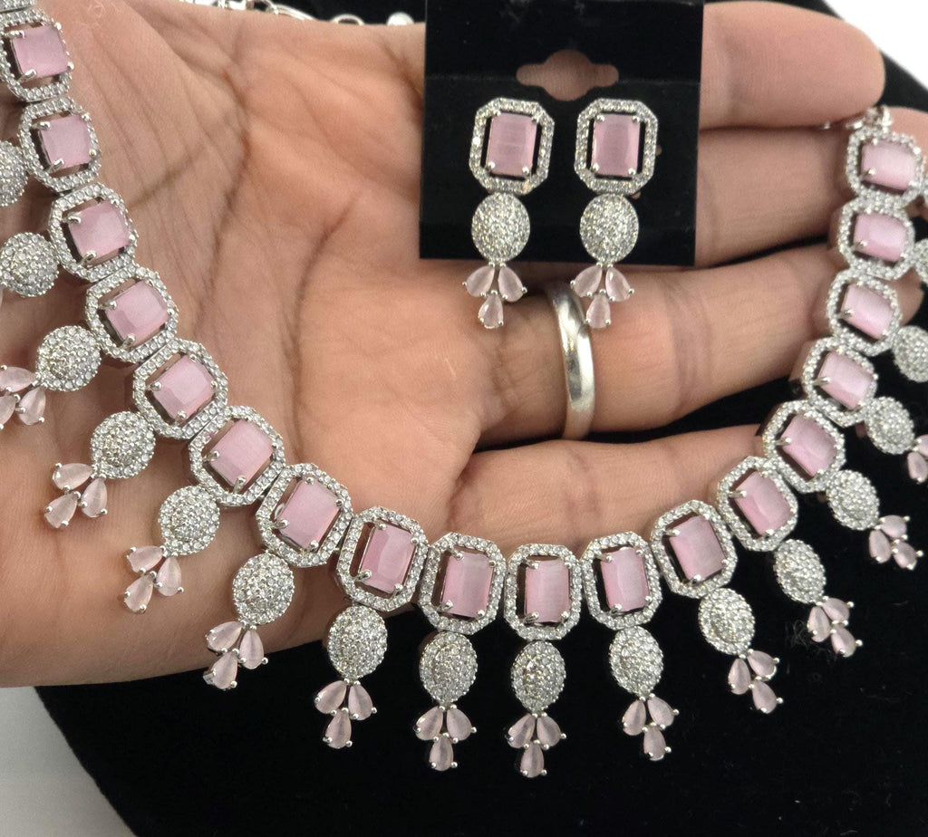 CZ Choker Necklace Set Pink Green Red Indian Bridal Jewelry Jiya