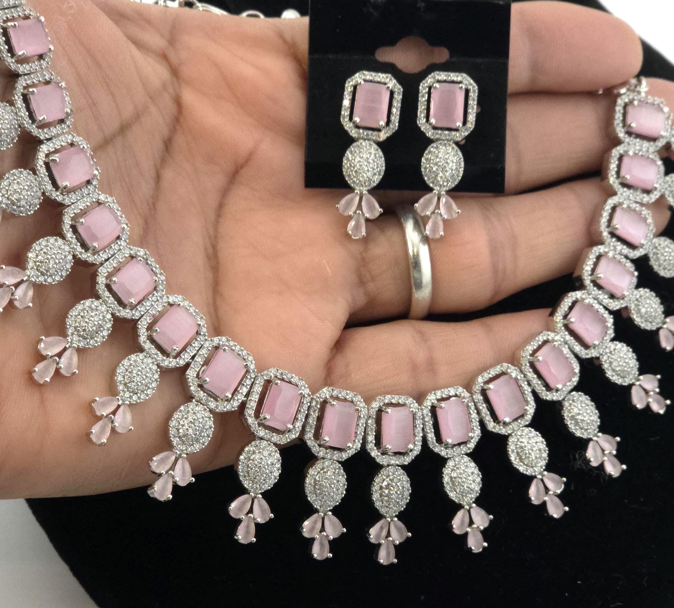 CZ Choker Necklace Set Pink Green Red Indian Bridal Jewelry Jiya