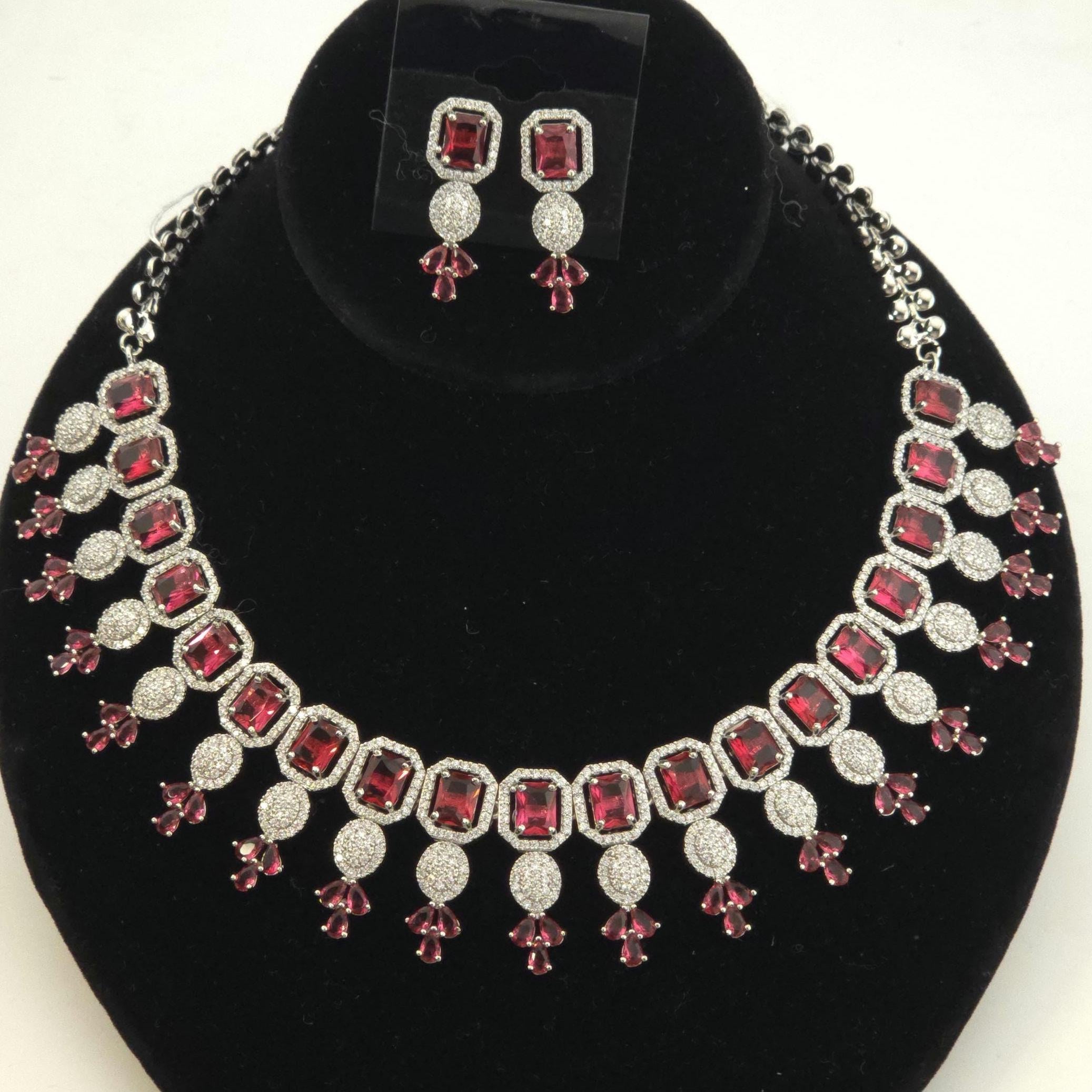 CZ Choker Necklace Set Pink Green Red Indian Bridal Jewelry Jiya