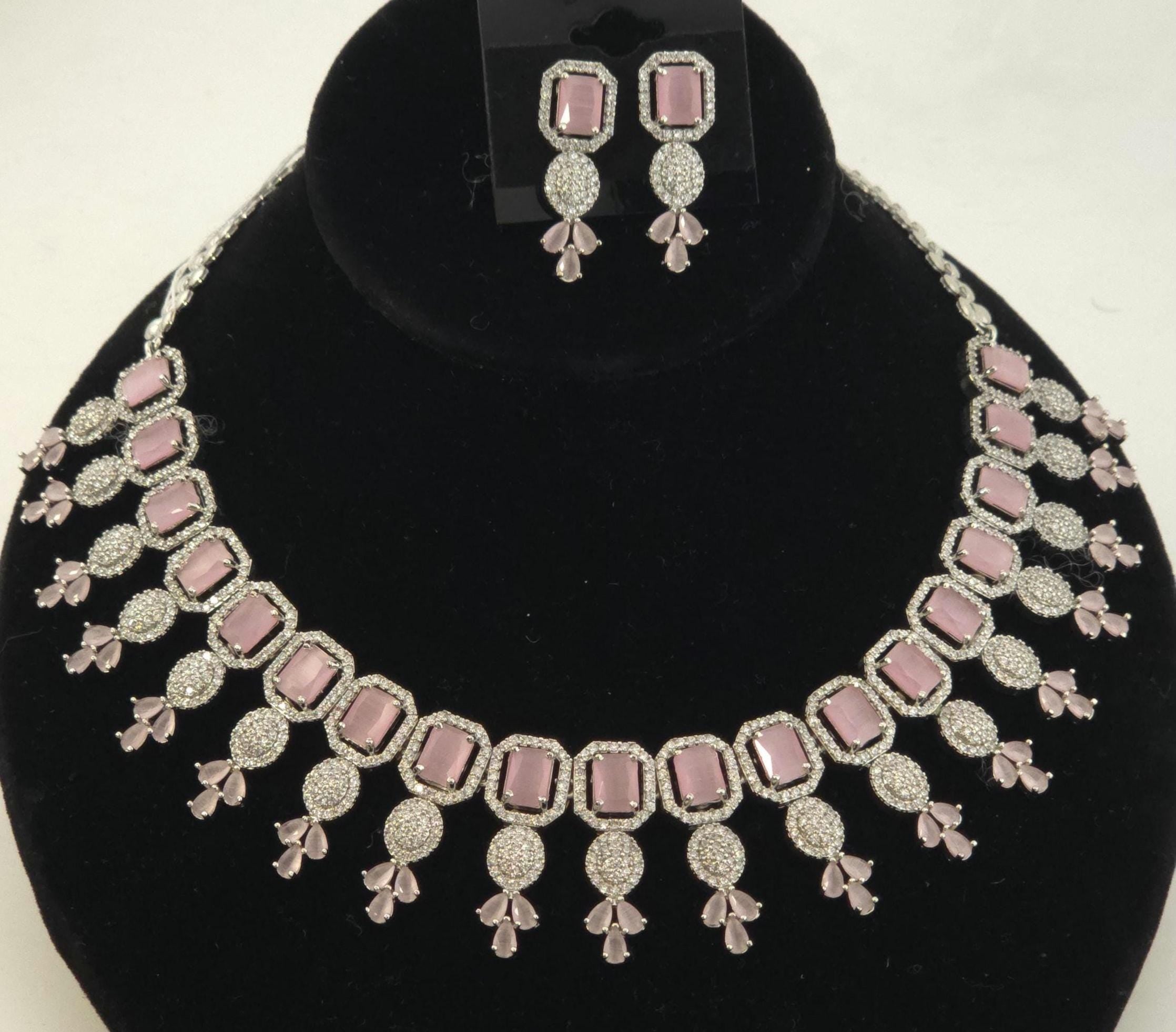 CZ Choker Necklace Set Pink Green Red Indian Bridal Jewelry Jiya