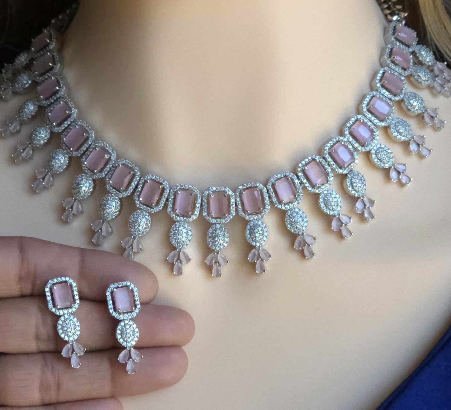 CZ Choker Necklace Set Pink Green Red Indian Bridal Jewelry Jiya