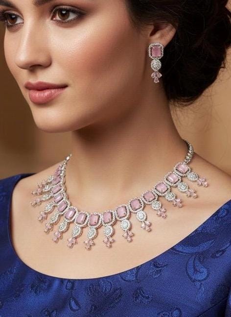 CZ Choker Necklace Set Pink Green Red Indian Bridal Jewelry Jiya
