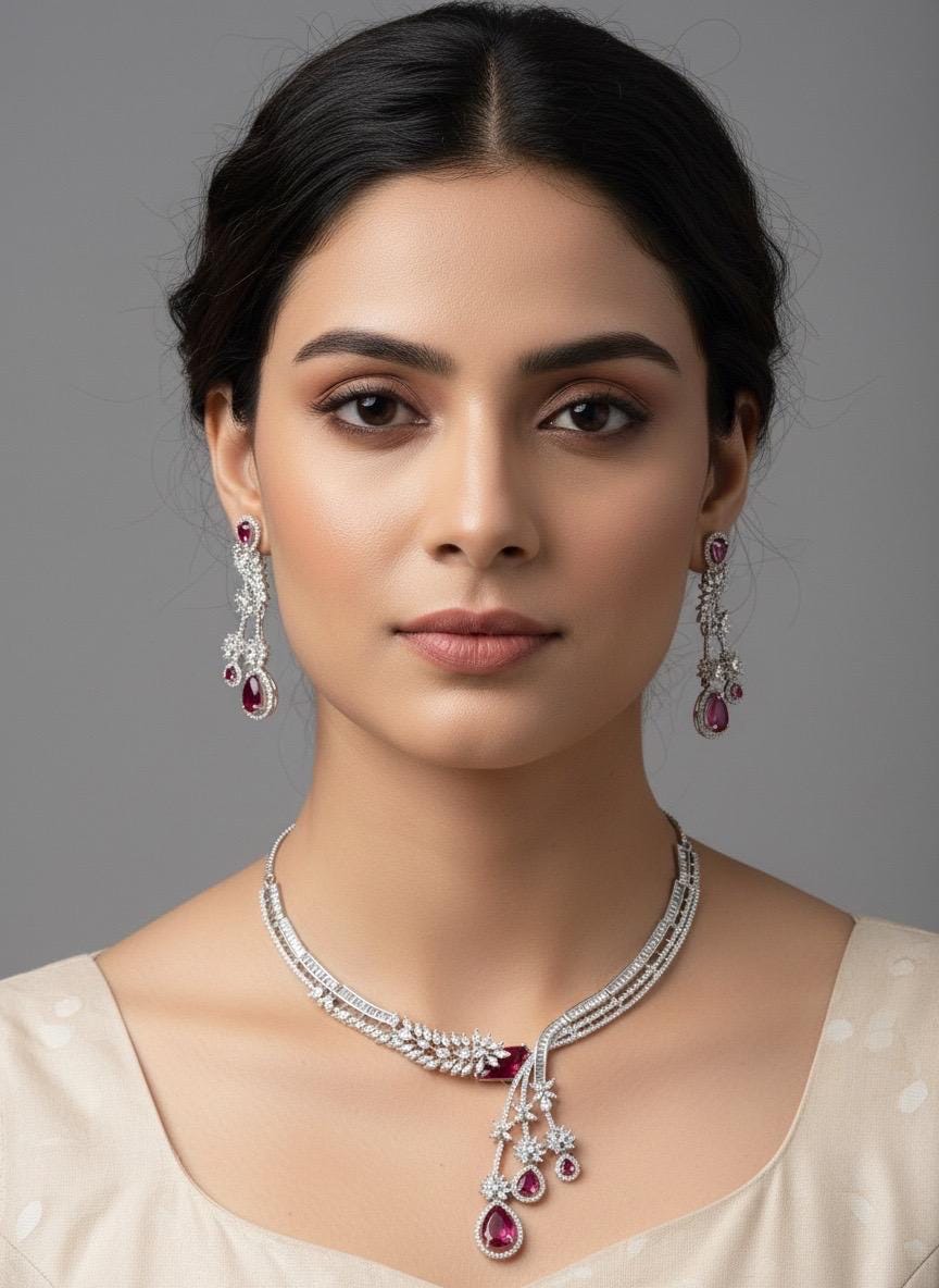 Silver CZ Lariat Necklace Set Red Green Blue Indian Wedding Jewelry Zeba