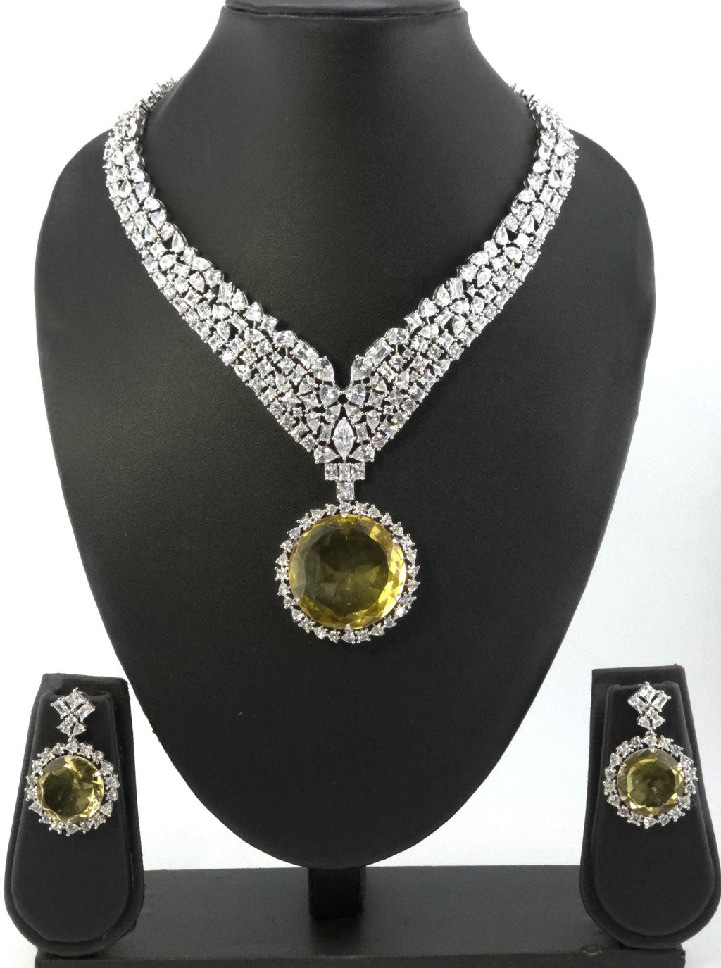 Yellow Citrine CZ Statement Necklace Set Luxury Statement Bridal Jewelry Sona