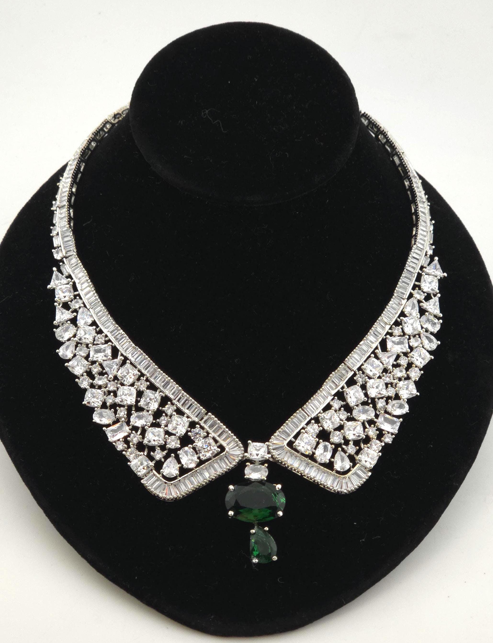 Emerald Green CZ Collar Necklace Set Bridal Evening Jewelry Rania