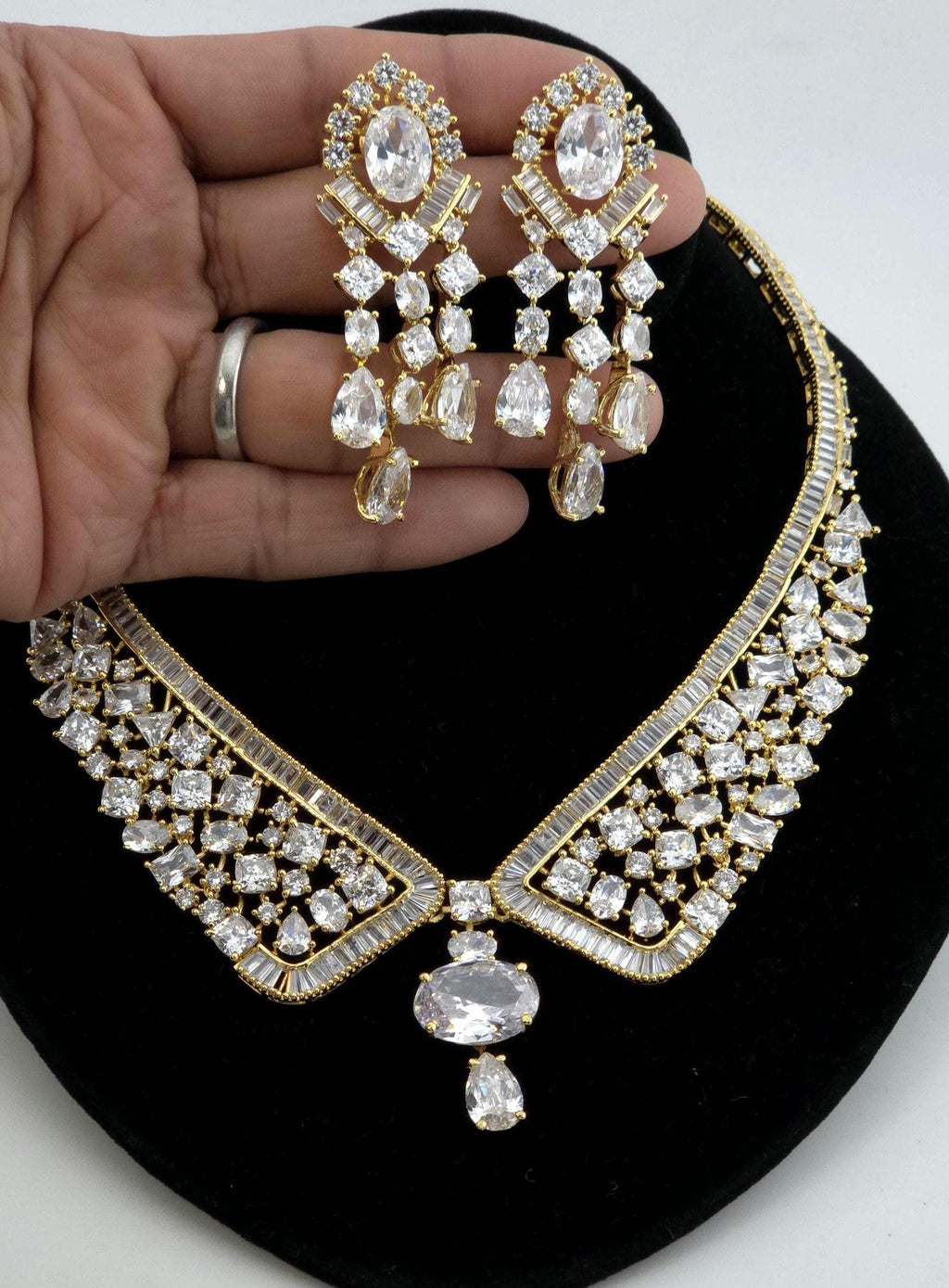 Emerald Green CZ Collar Necklace Set Bridal Evening Jewelry Rania