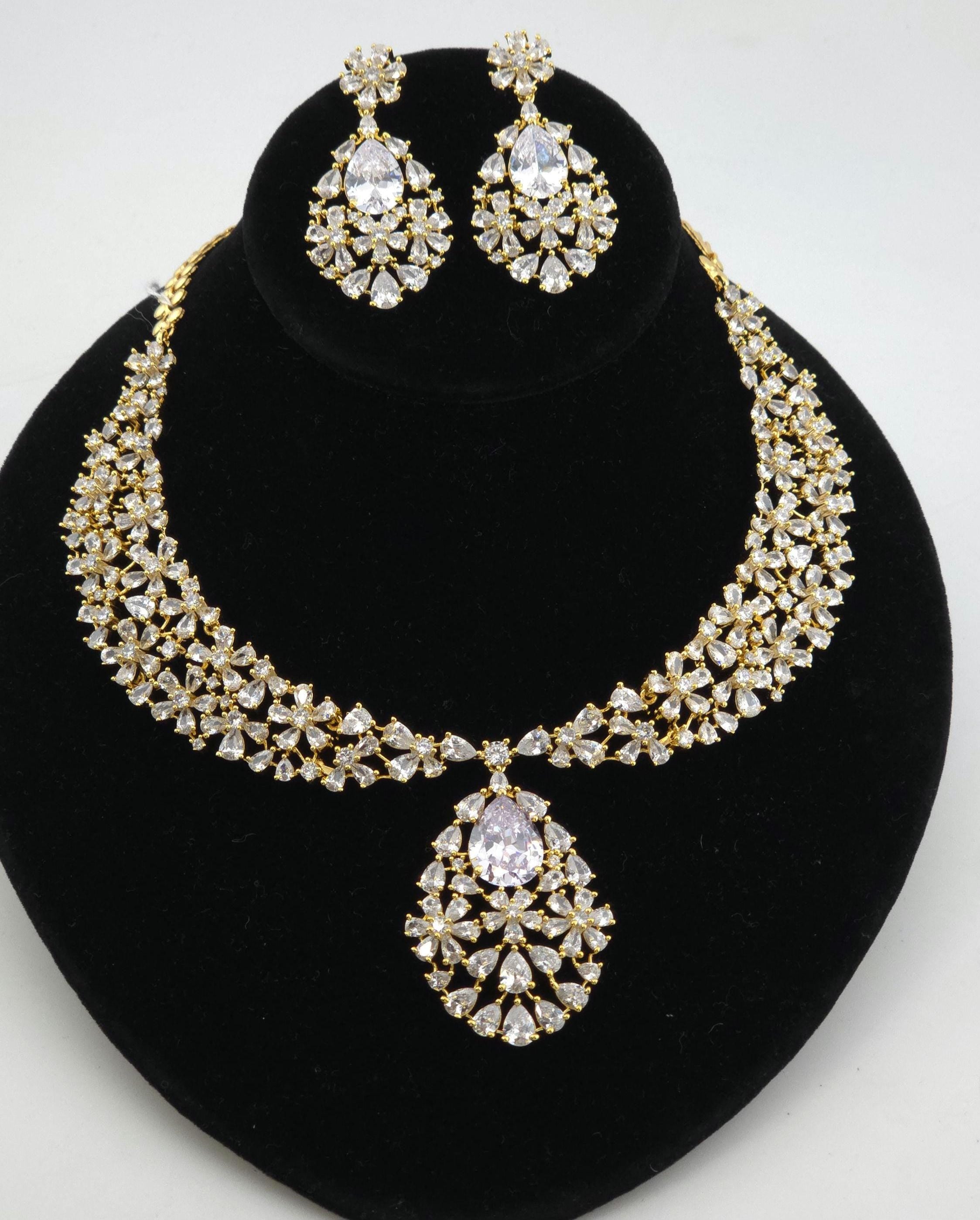 Royal Cluster CZ Teardrop Necklace Set Indian Bridal Jewelry Noor