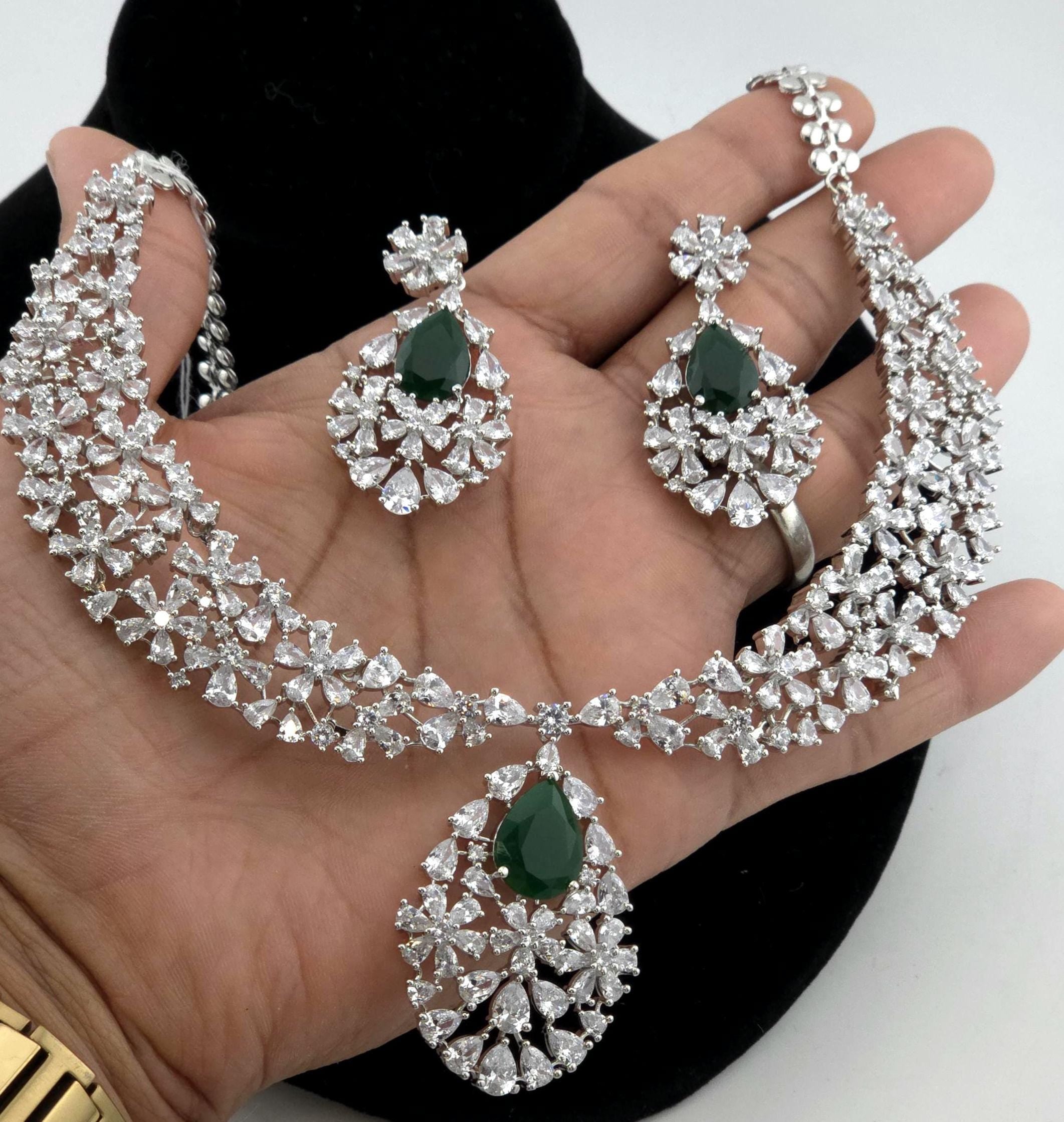 Royal Cluster CZ Teardrop Necklace Set Indian Bridal Jewelry Noor