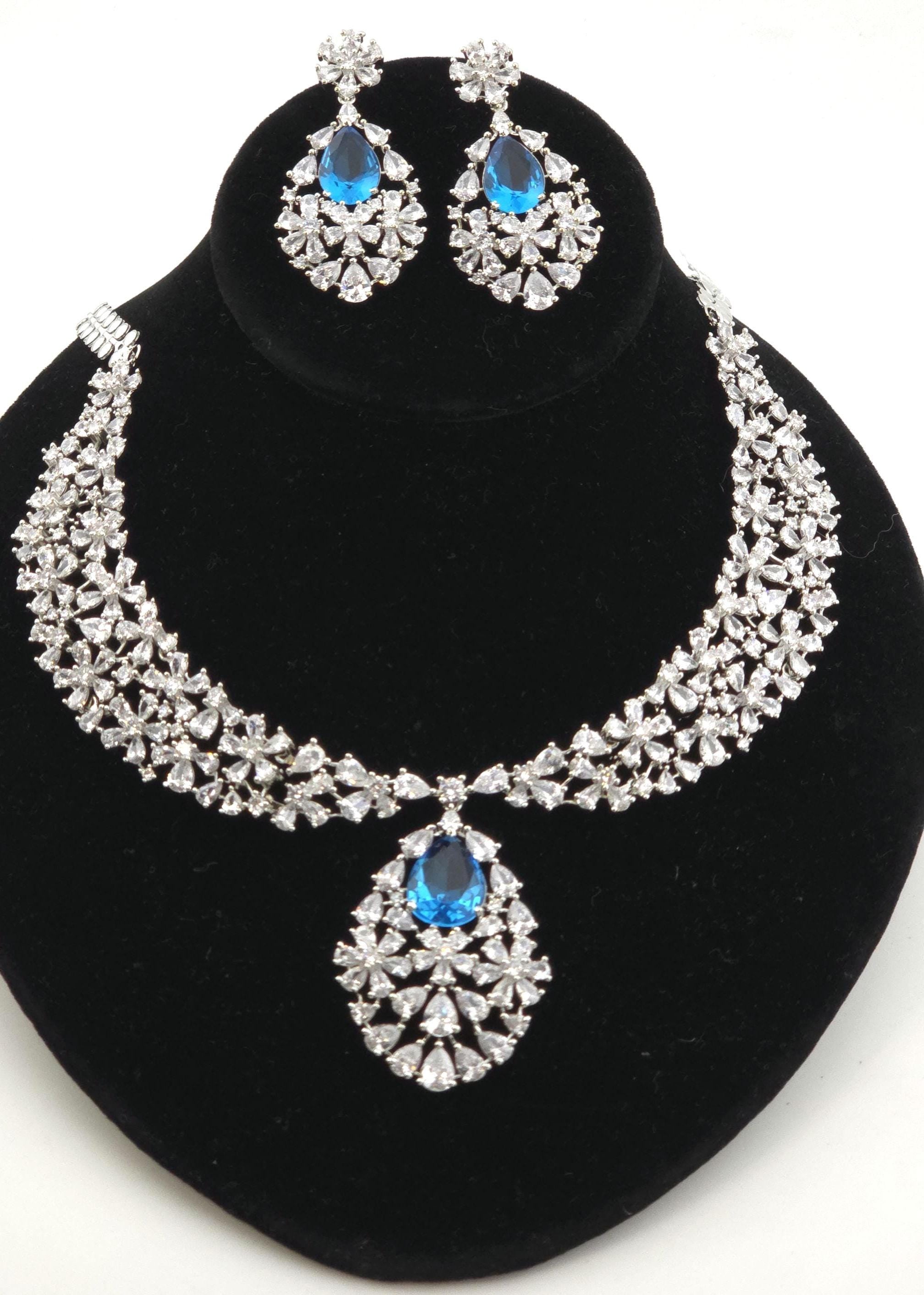 Royal Cluster CZ Teardrop Necklace Set Indian Bridal Jewelry Noor