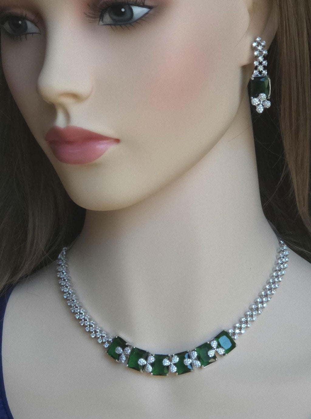 Emerald Cut CZ Necklace Set Blue Pink Green Red Bridal Jewelry Simra
