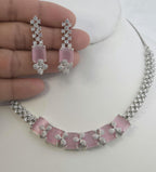 Emerald Cut CZ Necklace Set Blue Pink Green Red Bridal Jewelry Simra
