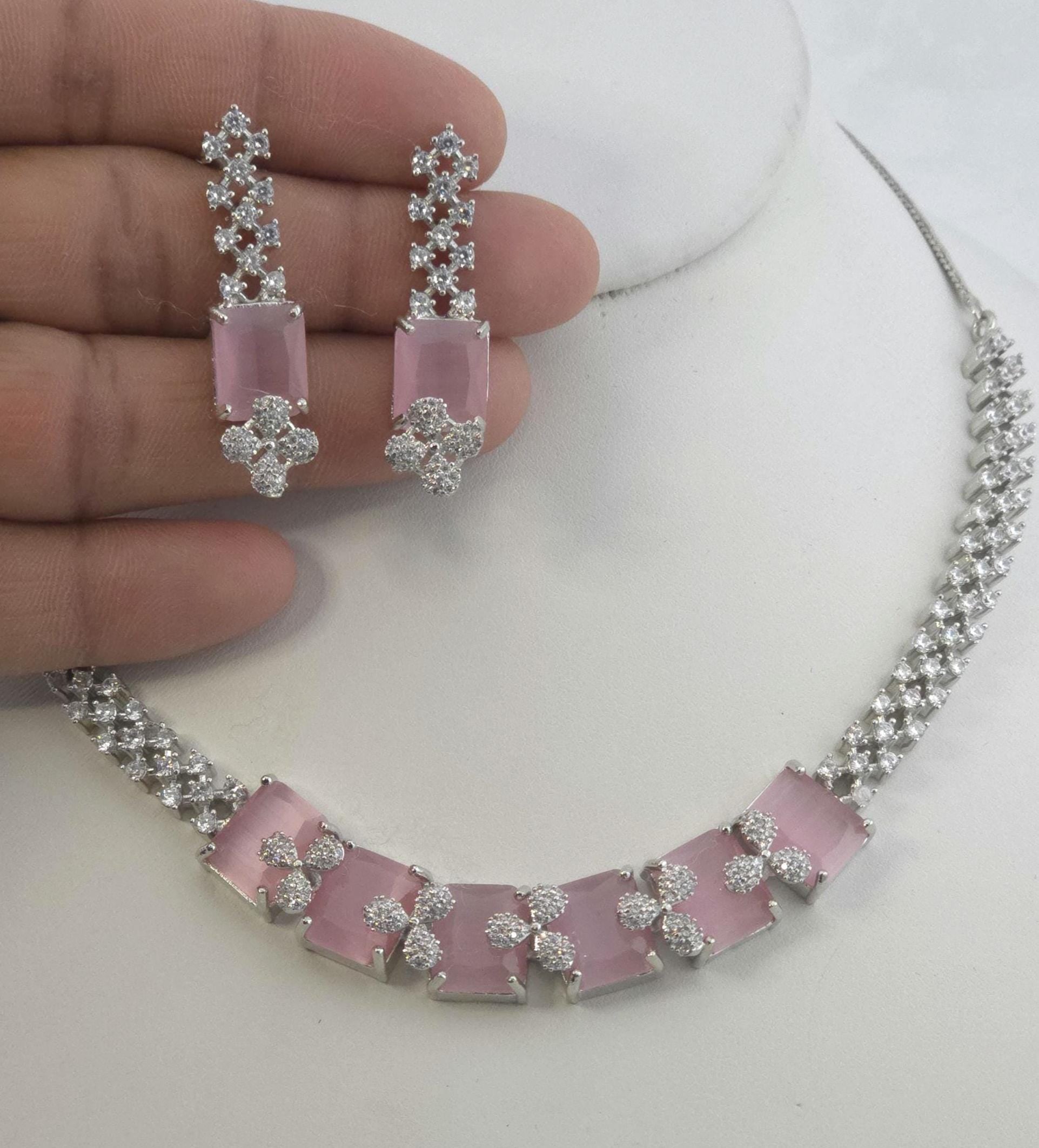Emerald Cut CZ Necklace Set Blue Pink Green Red Bridal Jewelry Simra