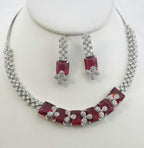 Emerald Cut CZ Necklace Set Blue Pink Green Red Bridal Jewelry Simra
