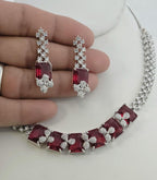 Emerald Cut CZ Necklace Set Blue Pink Green Red Bridal Jewelry Simra