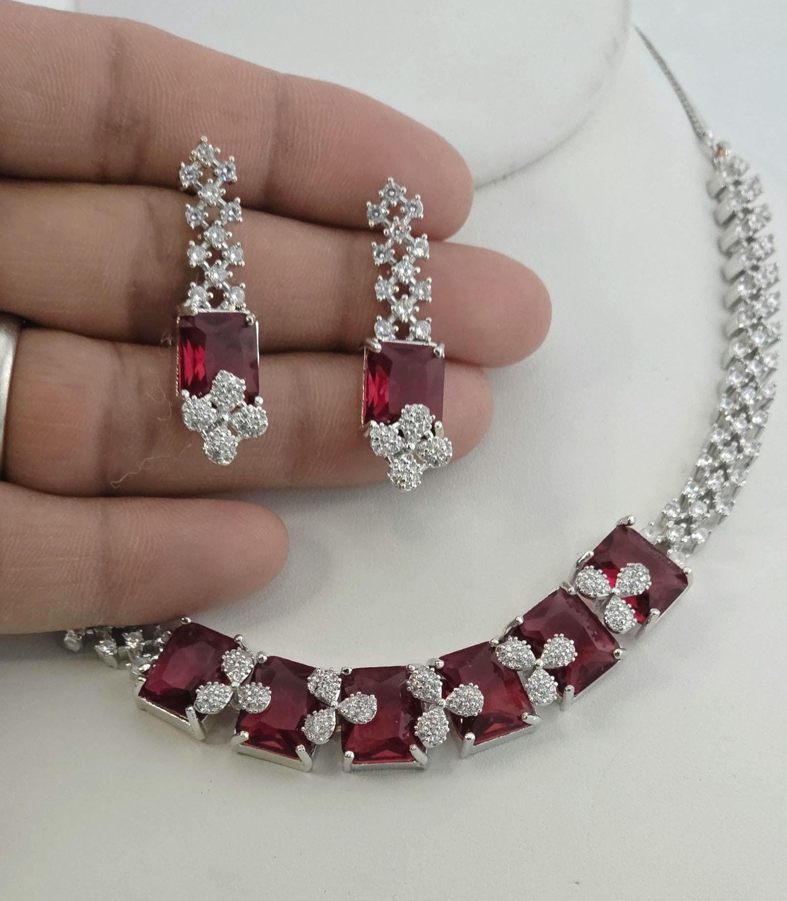 Emerald Cut CZ Necklace Set Blue Pink Green Red Bridal Jewelry Simra